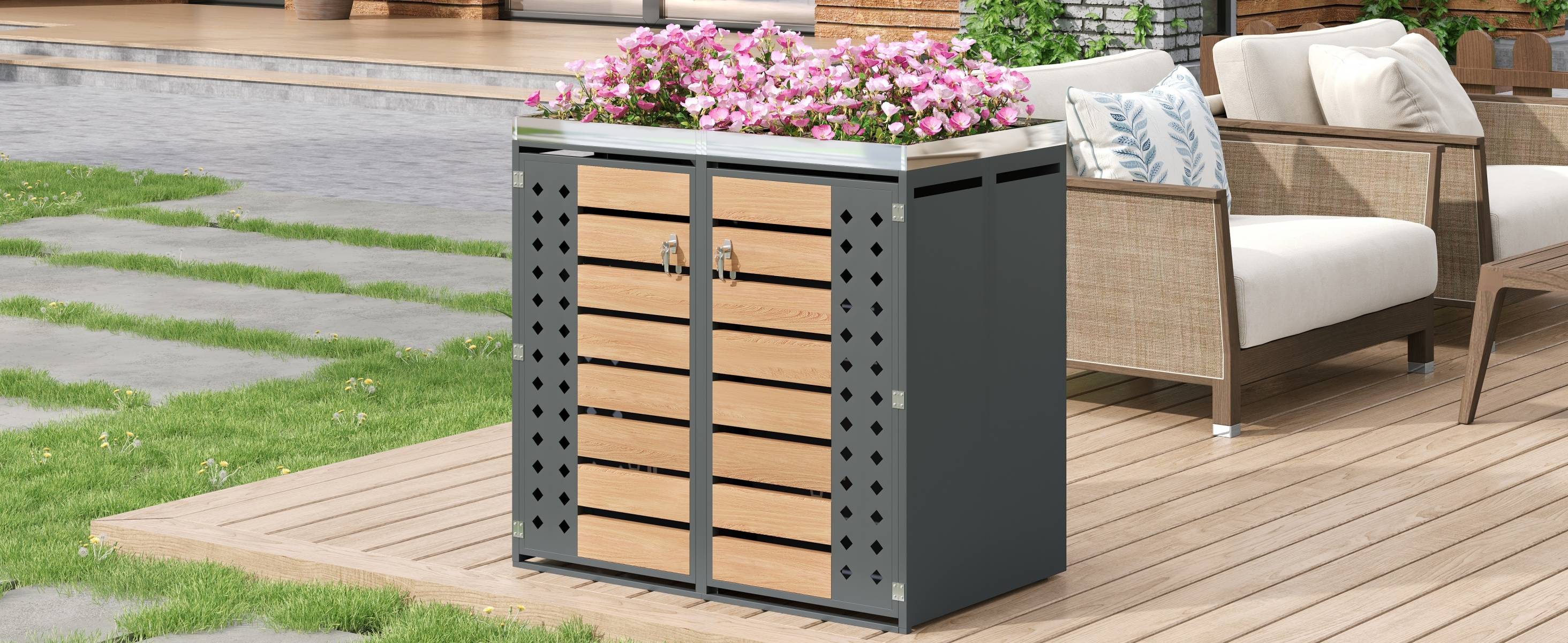 Mülltonnenbox avec bois imitation et compartiments de rangements, 132 x 80 x 124,58 cm - PANGIVO - Image 7