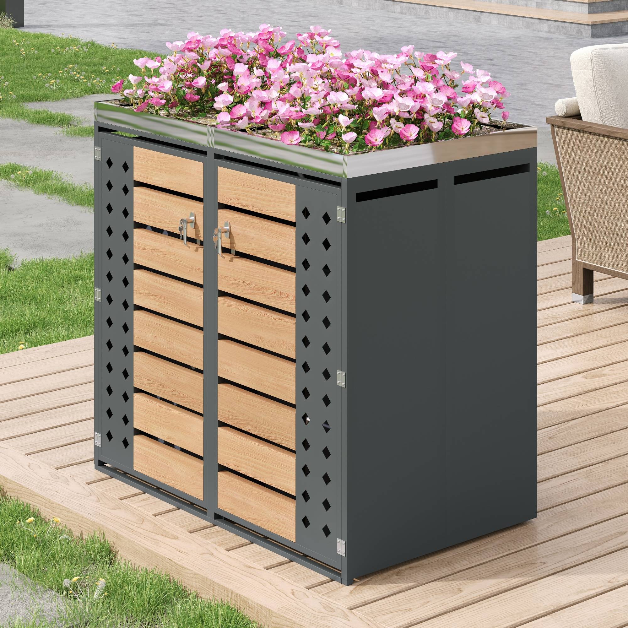 Mülltonnenbox avec bois imitation et compartiments de rangements, 132 x 80 x 124,58 cm - PANGIVO - Image 6