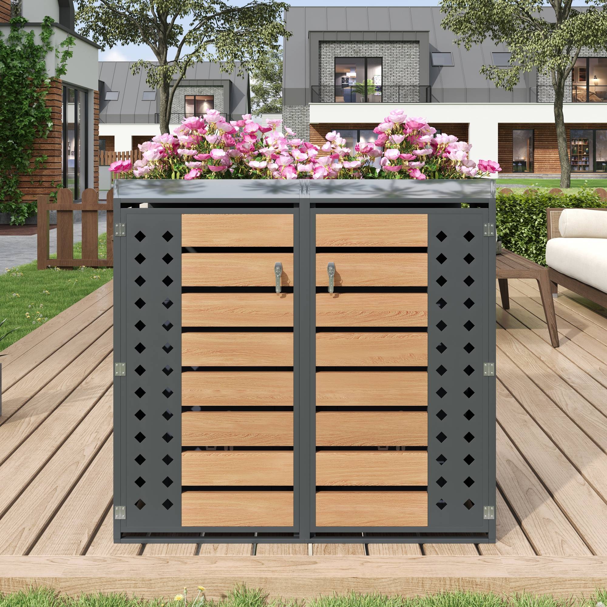 Mülltonnenbox avec bois imitation et compartiments de rangements, 132 x 80 x 124,58 cm - PANGIVO - Image 2