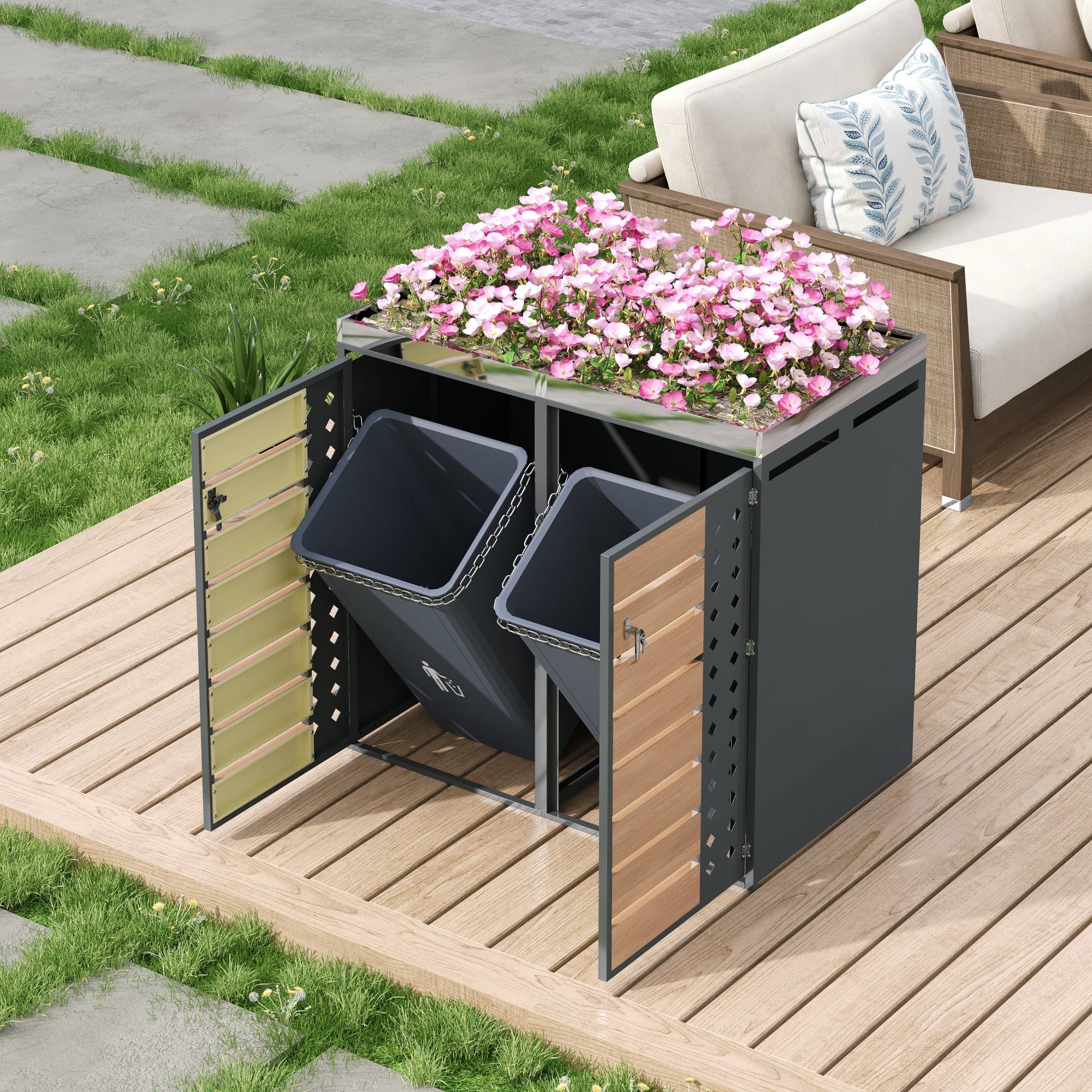 Mülltonnenbox avec bois imitation et compartiments de rangements, 132 x 80 x 124,58 cm - PANGIVO - Image 3
