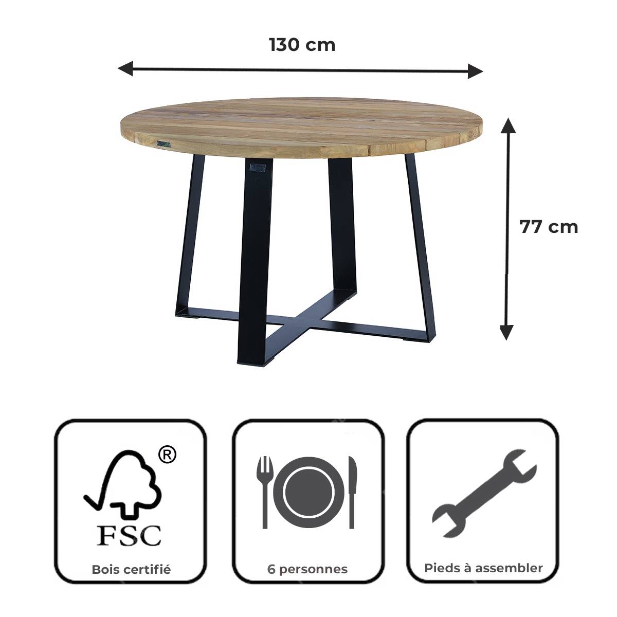 Table métal anthracite et teck recyclé D 130 cm Orsay - Gecko Jardin - Image 9