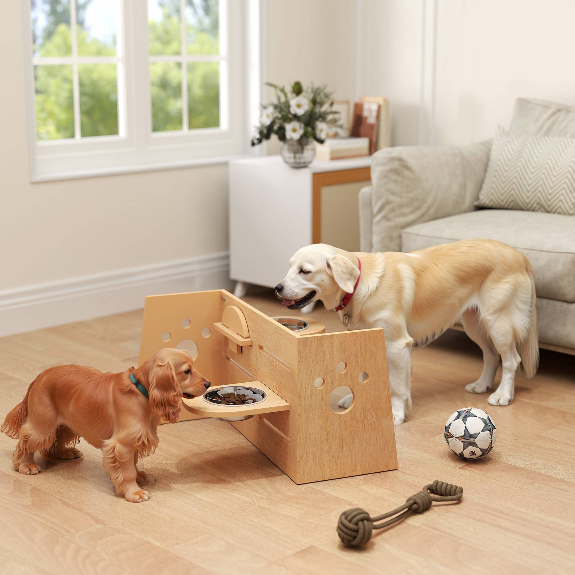 Sans Marque - Gamelle chien surélevée de 3 hauteurs ajustables gamelle pour chien 2 bols acier inoxydable 63 x 58,5 x 40 cm chêne - Image 3