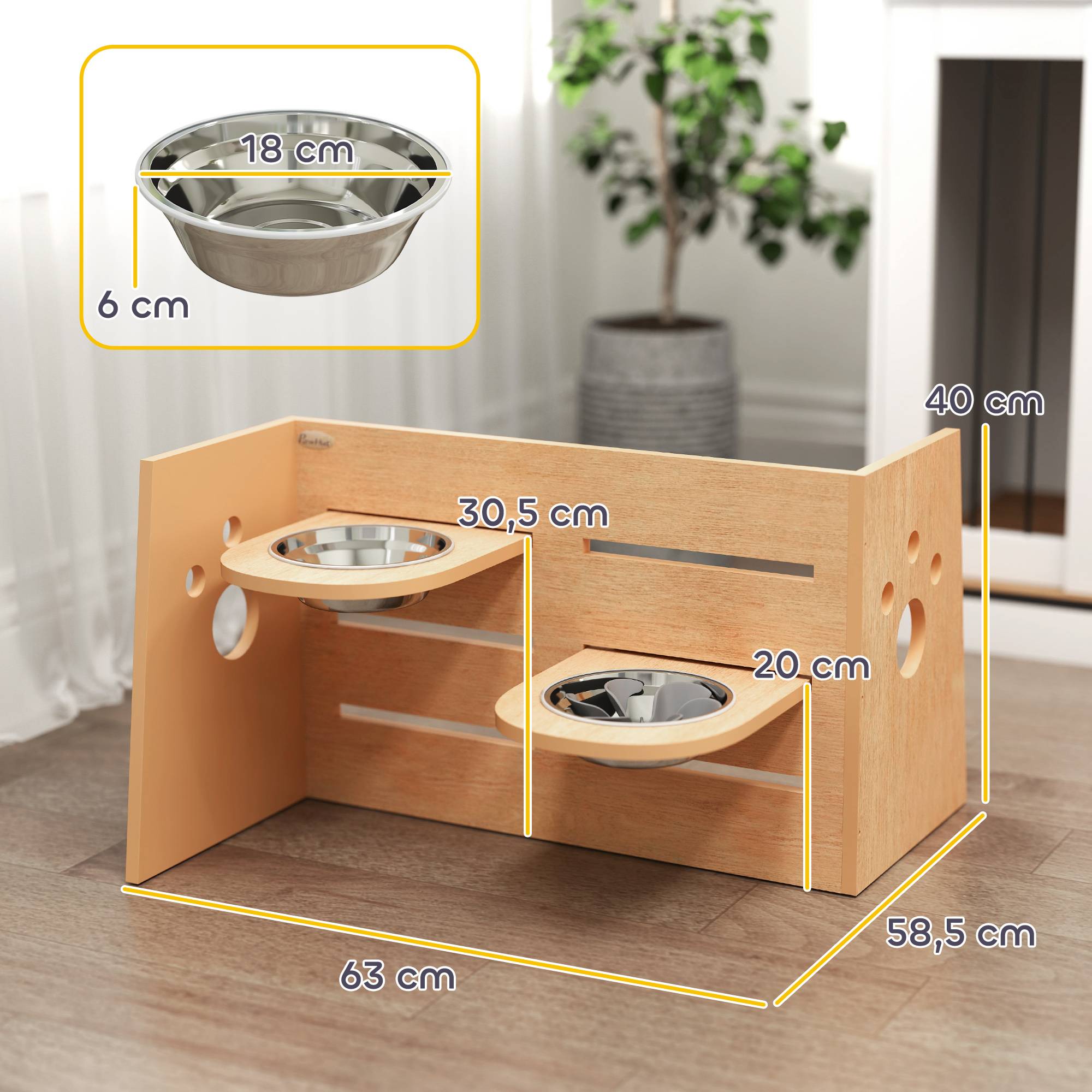 Sans Marque - Gamelle chien surélevée de 3 hauteurs ajustables gamelle pour chien 2 bols acier inoxydable 63 x 58,5 x 40 cm chêne - Image 5