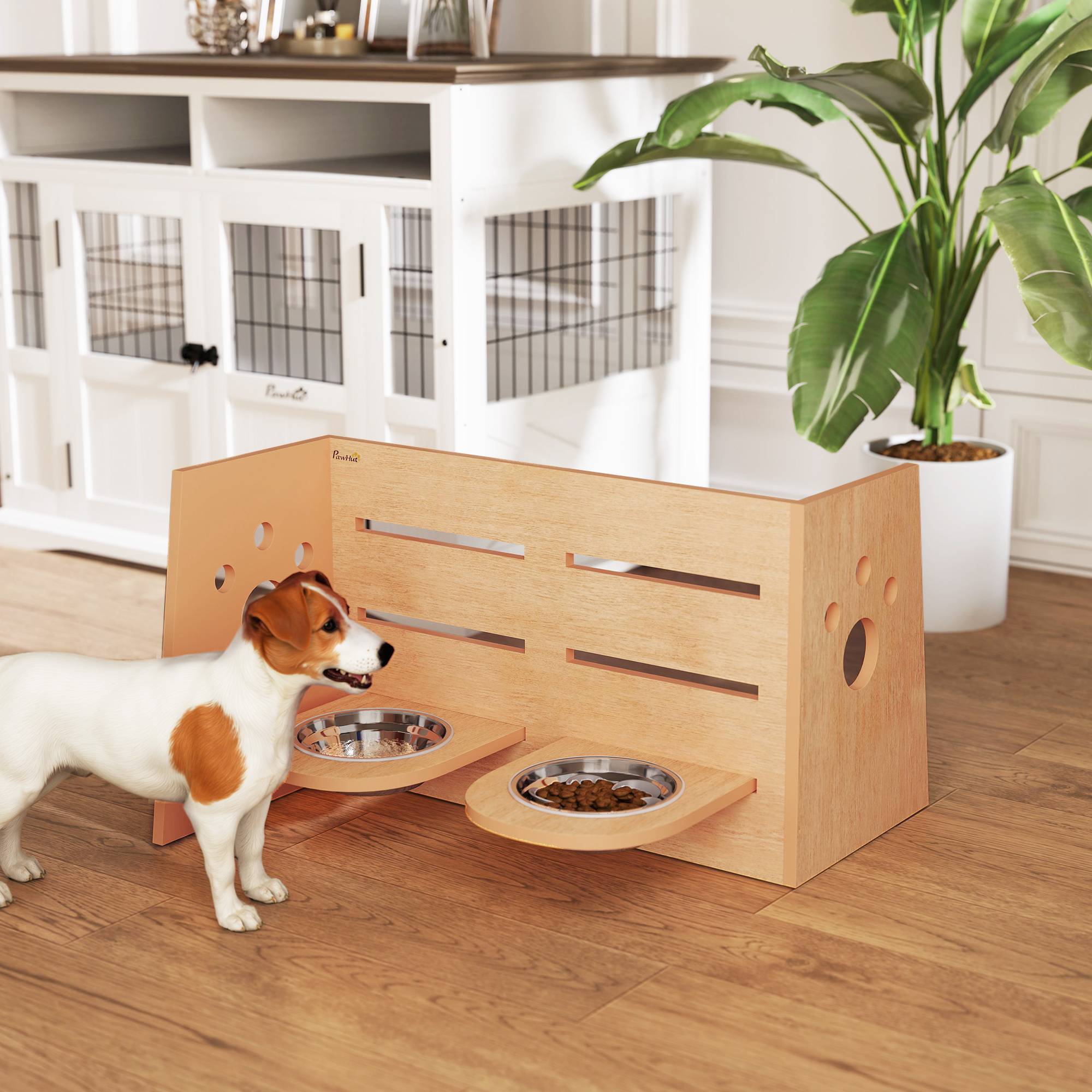 Sans Marque - Gamelle chien surélevée de 3 hauteurs ajustables gamelle pour chien 2 bols acier inoxydable 63 x 58,5 x 40 cm chêne - Image 4
