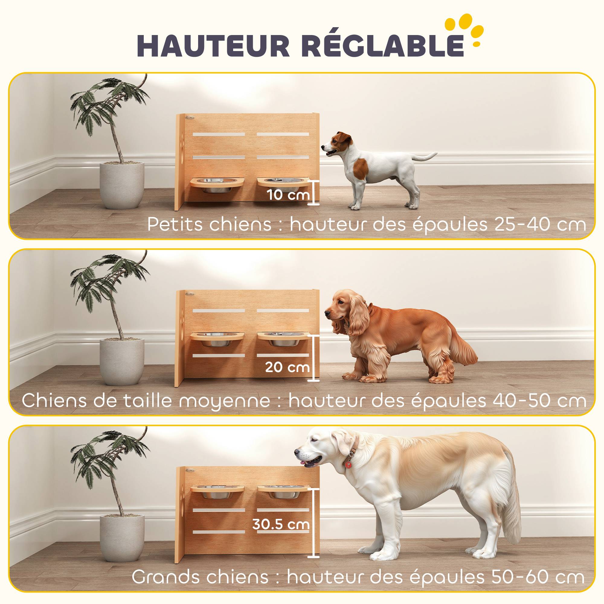 Sans Marque - Gamelle chien surélevée de 3 hauteurs ajustables gamelle pour chien 2 bols acier inoxydable 63 x 58,5 x 40 cm chêne - Image 7