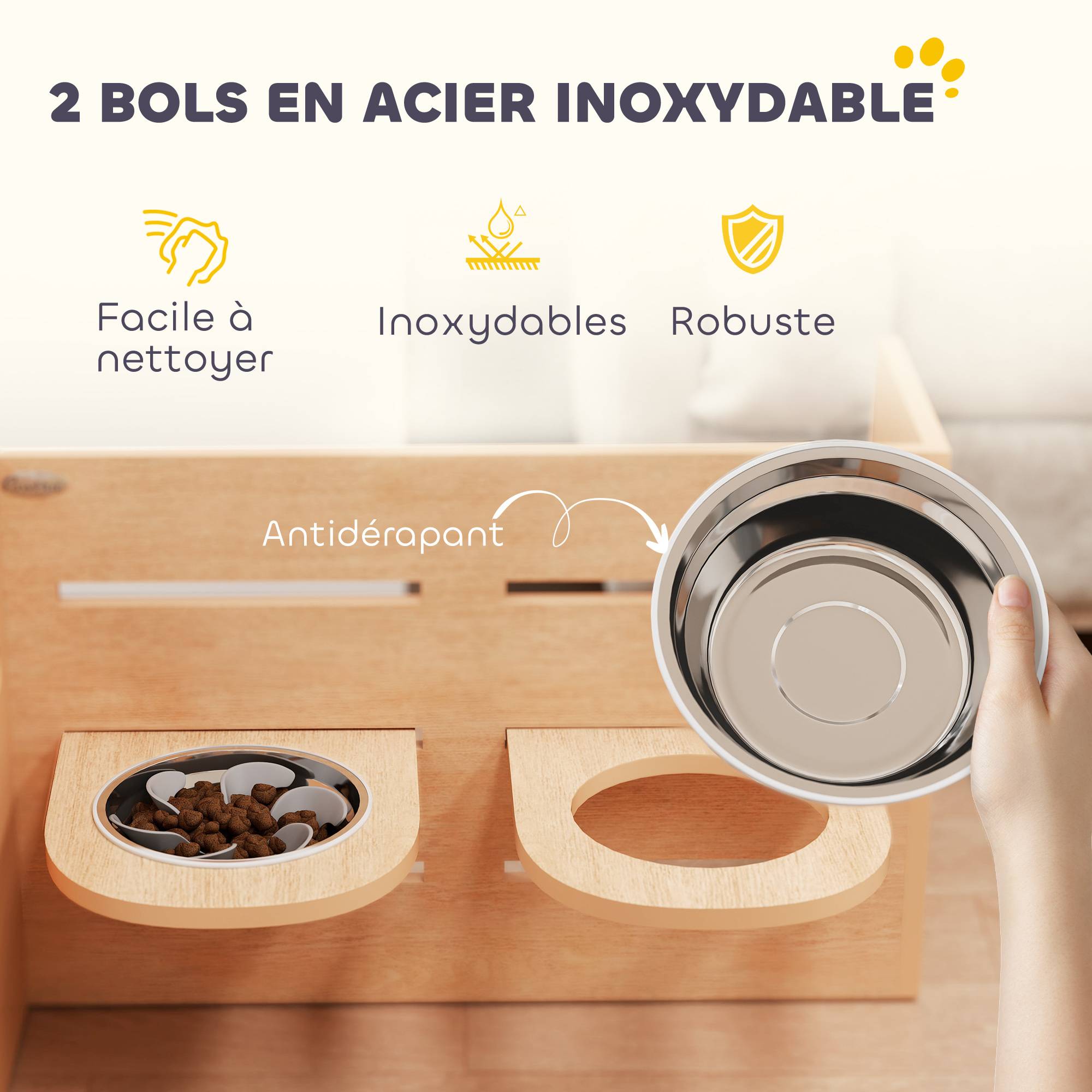 Sans Marque - Gamelle chien surélevée de 3 hauteurs ajustables gamelle pour chien 2 bols acier inoxydable 63 x 58,5 x 40 cm chêne - Image 9