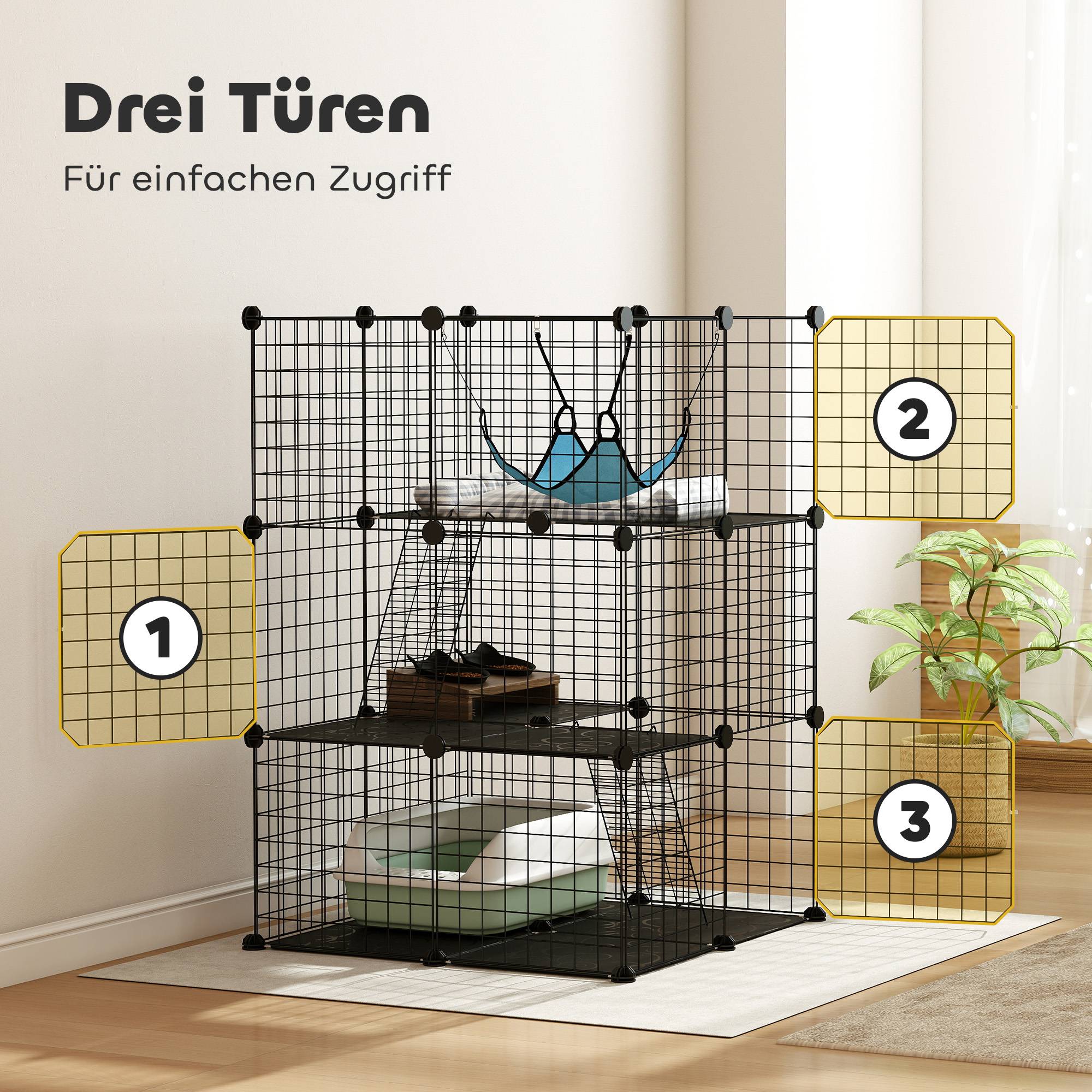 ComfortXL - Cage pour chat acier noir 105 cm intérieur modulable pour chaton jusqu’à 4 kg avec hamac et 3 portes - Image 6