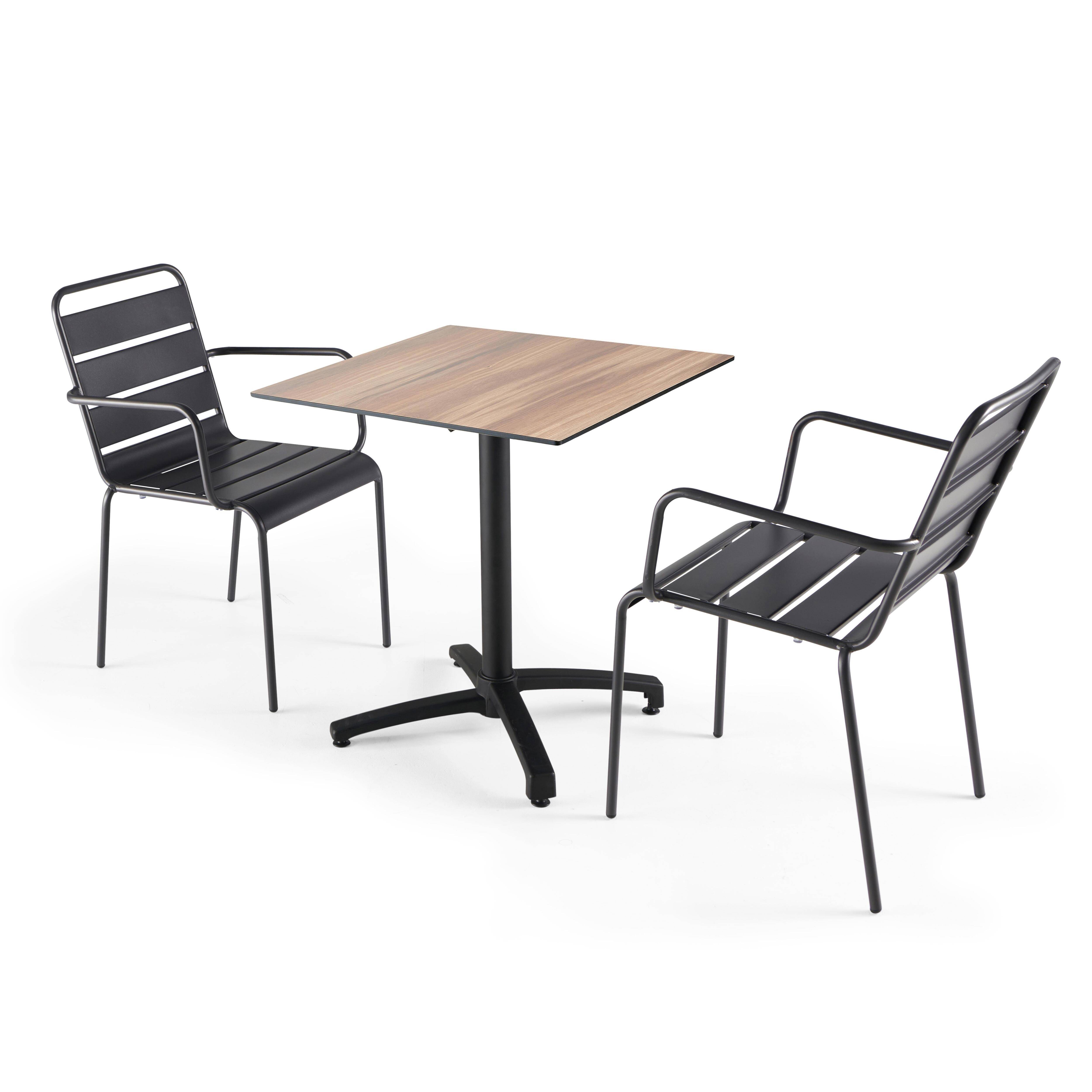 Oviala - Ensemble table terrasse stratifié chène foncé avec 2 fauteuils gris - Oviala - Image 1