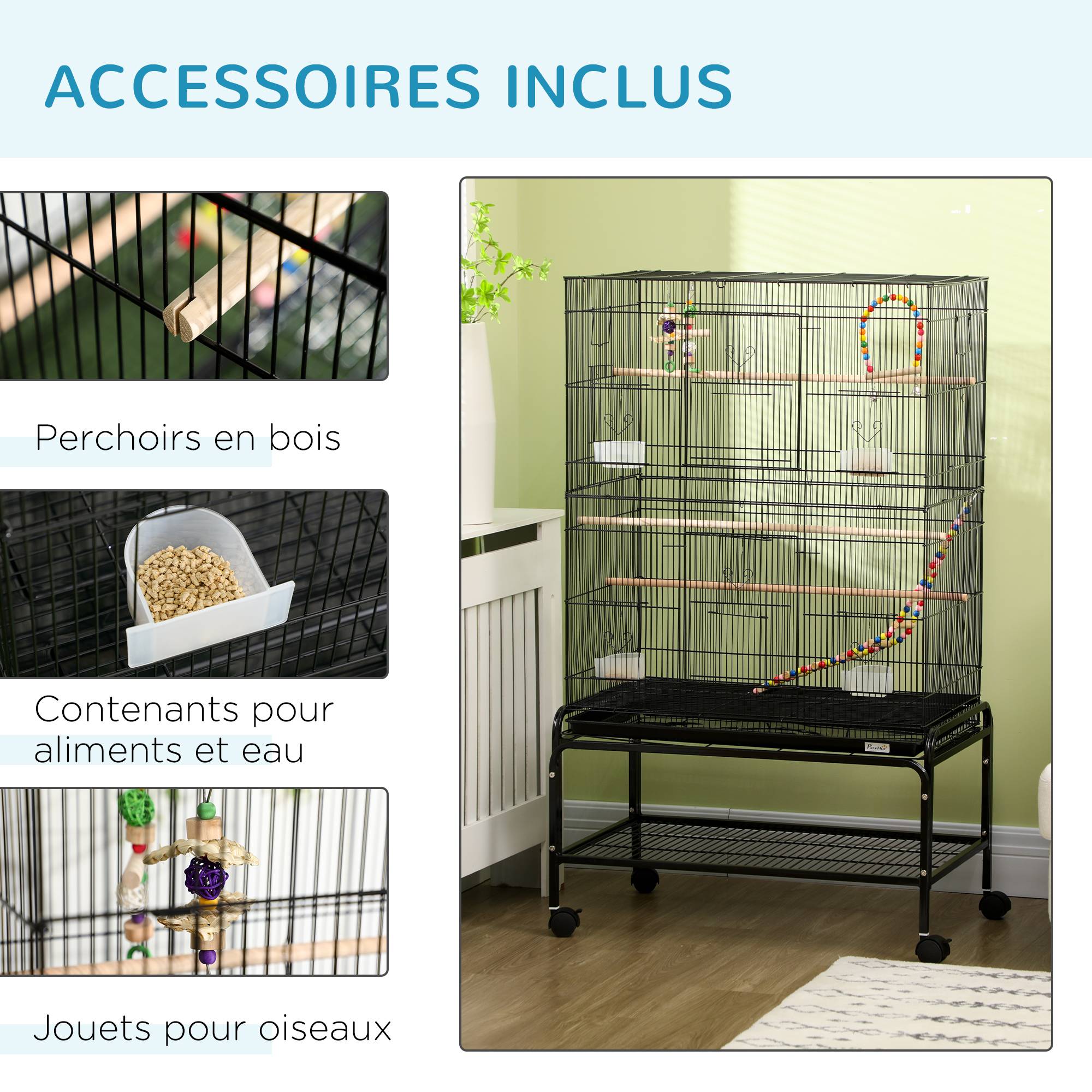 Cage à oiseaux sur pieds roulettes avec 4 mangeoires et 3 perchoirs 79 x 49 x 133 cm noir - Image 7