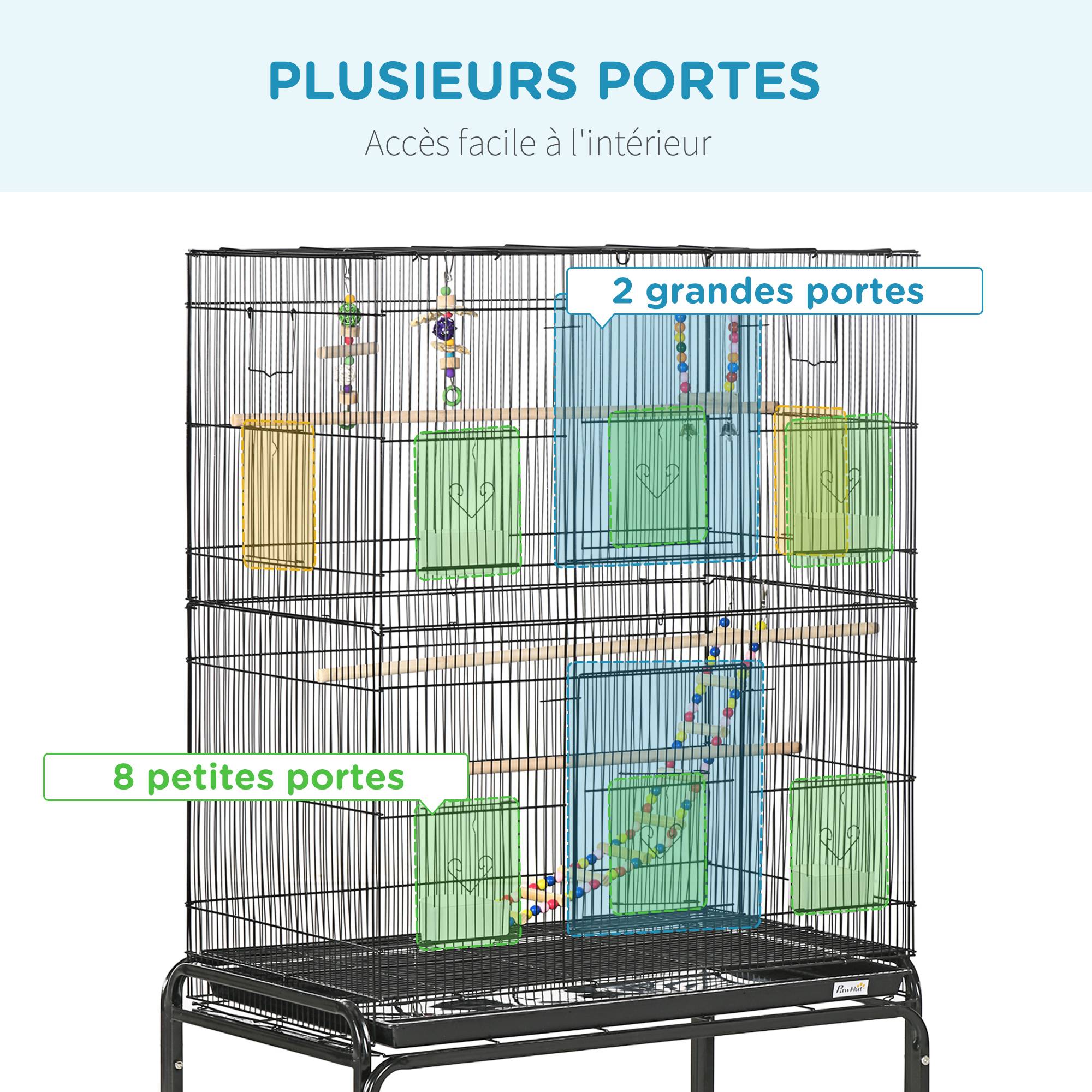 Cage à oiseaux sur pieds roulettes avec 4 mangeoires et 3 perchoirs 79 x 49 x 133 cm noir - Image 6