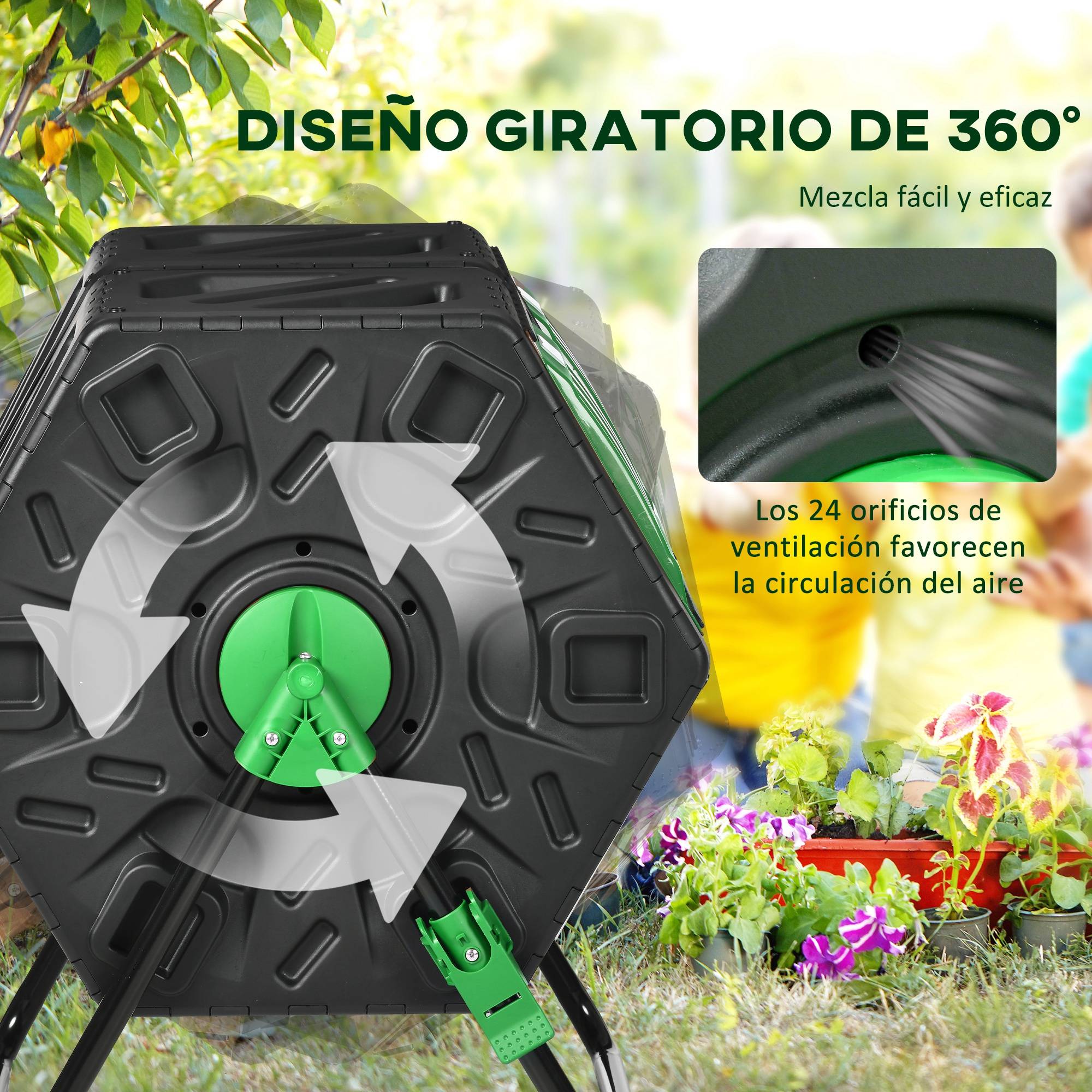 ComfortXL - Composteur rotatif double chambre 130 L PP noir pieds acier pour jardin aération optimale - ComfortXL Outdoor Living - Image 7