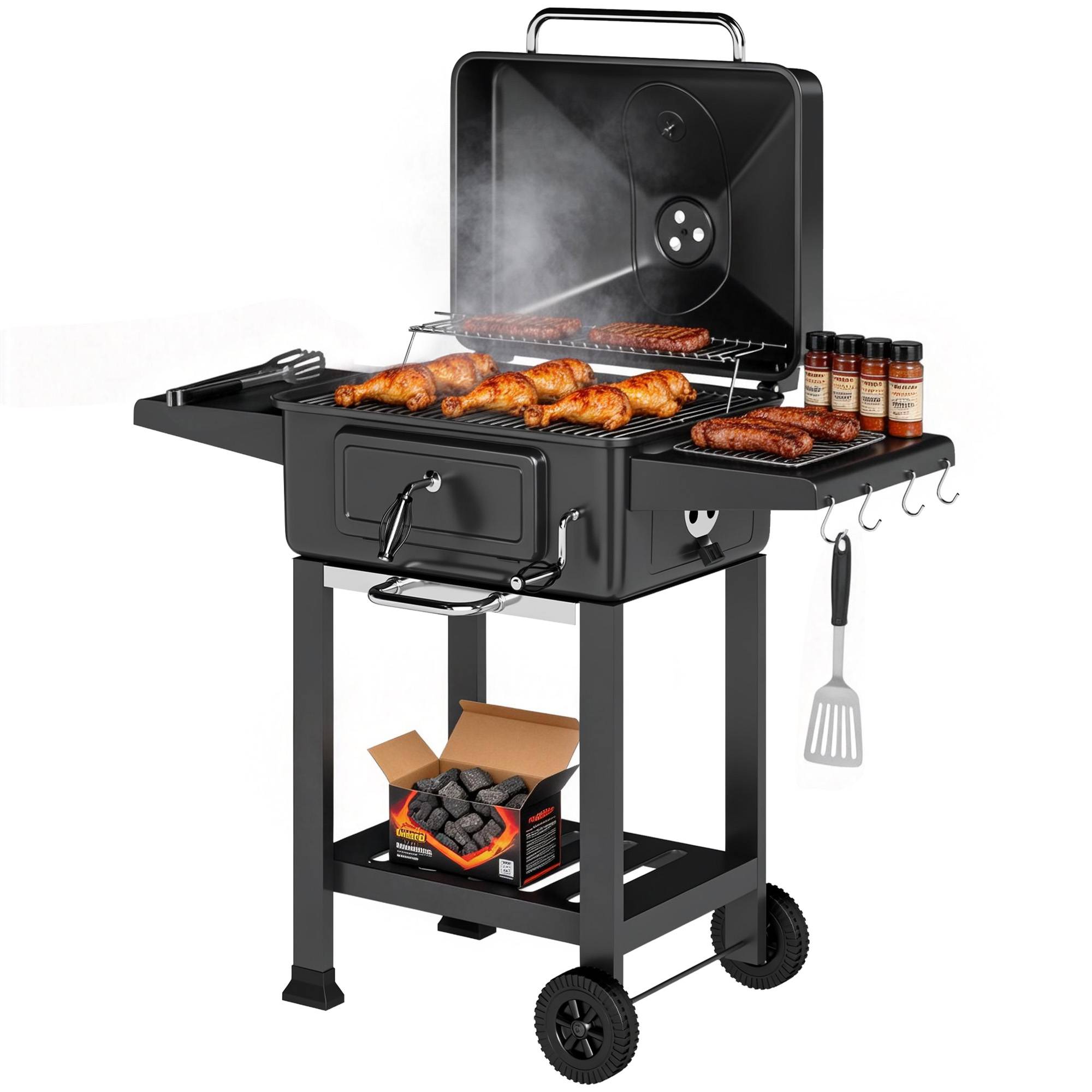 Sans Marque - Barbecue à charbon de bois, humidificateur portable avec ventilation, thermomètre et indicateur de niveau latéral, noir - Image 1