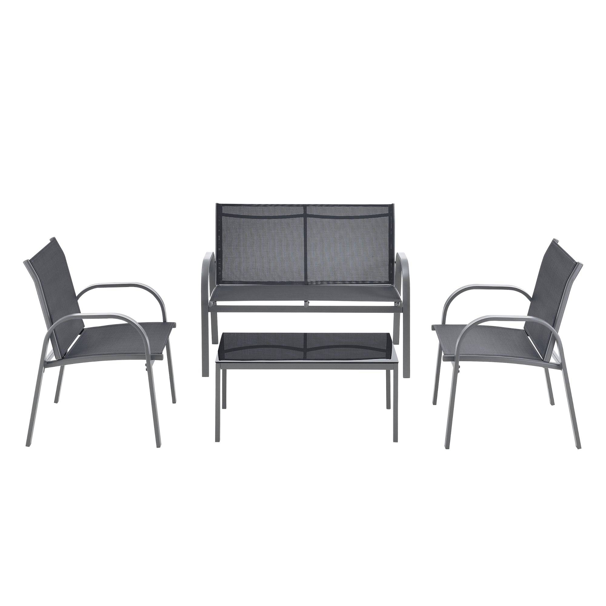 Salon de jardin de 4 meubles acier PVC polyester noir gris foncé - Image 2