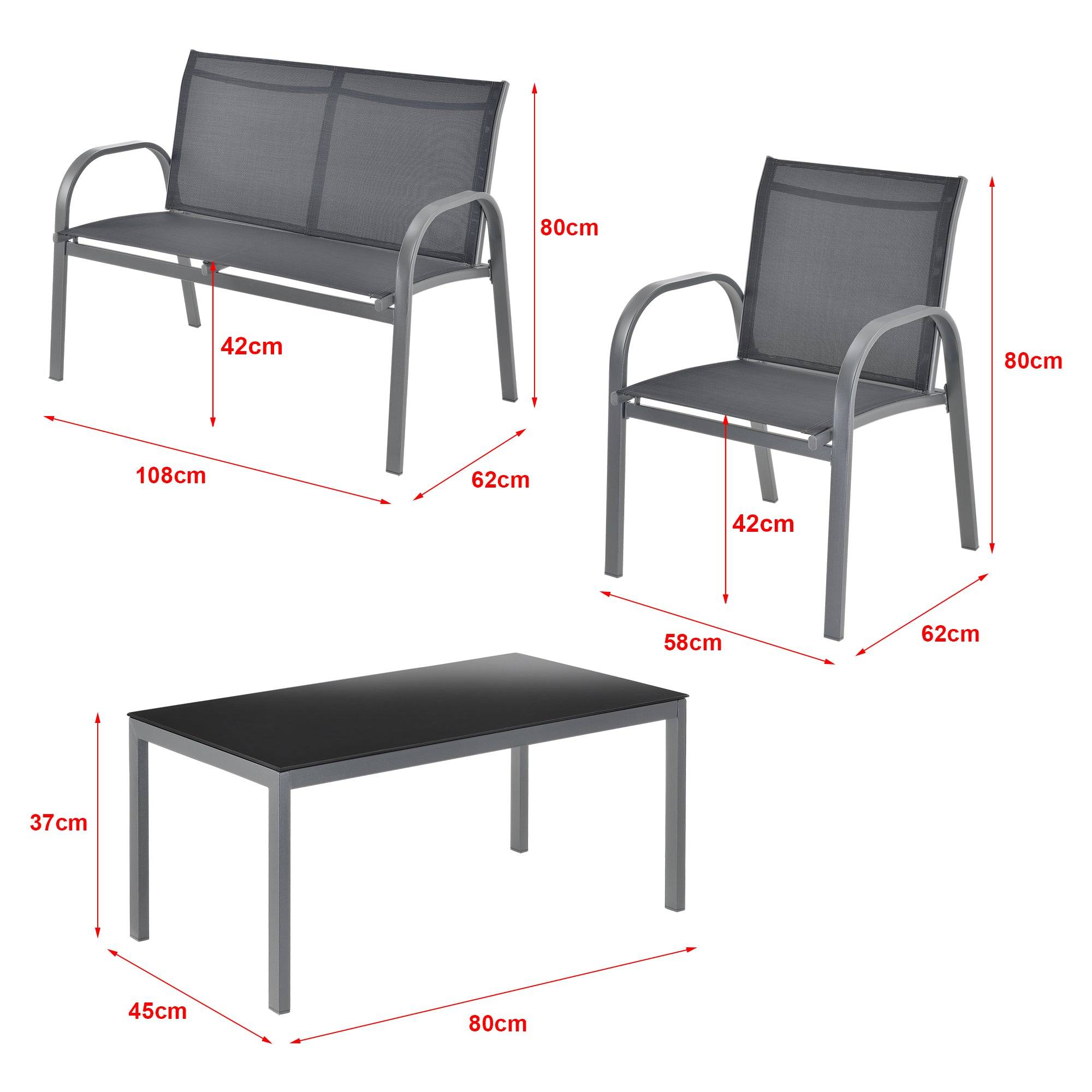 Salon de jardin de 4 meubles acier PVC polyester noir gris foncé - Image 3