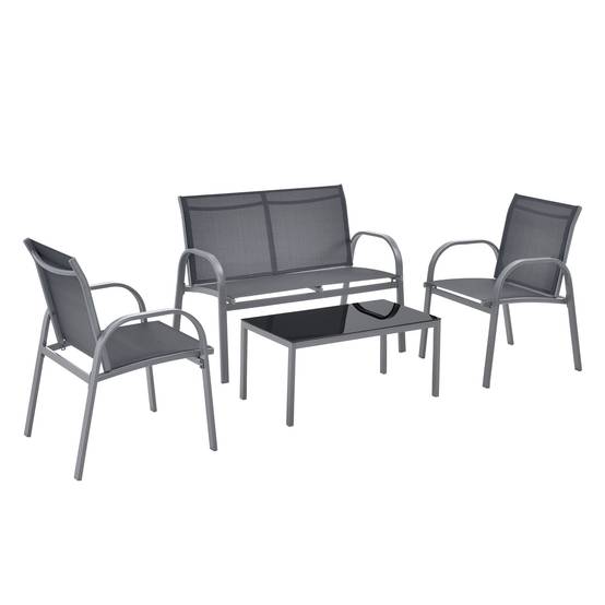 Salon de jardin de 4 meubles acier PVC polyester noir gris foncé - Image 1
