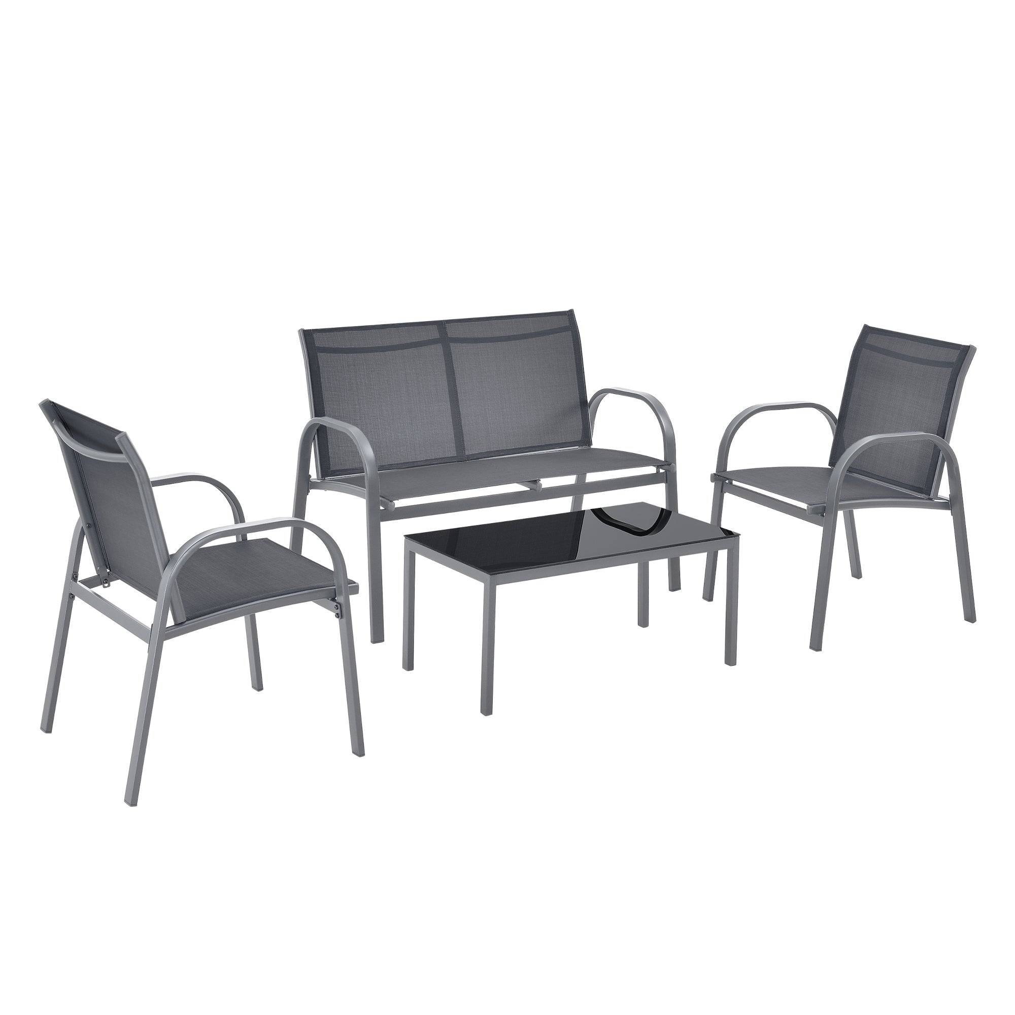 Salon de jardin de 4 meubles acier PVC polyester noir gris foncé - Image 1
