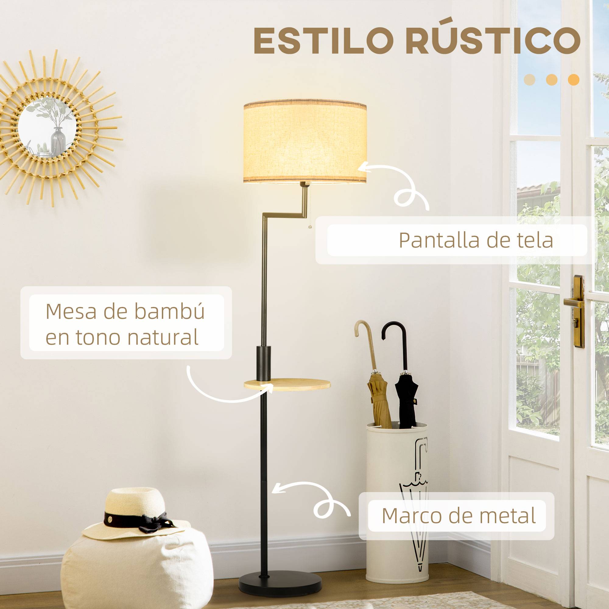 Lampadaire en bois naturel avec table d’appoint abat-jour lin USB et tirette Ø40 × 170 cm - Image 6