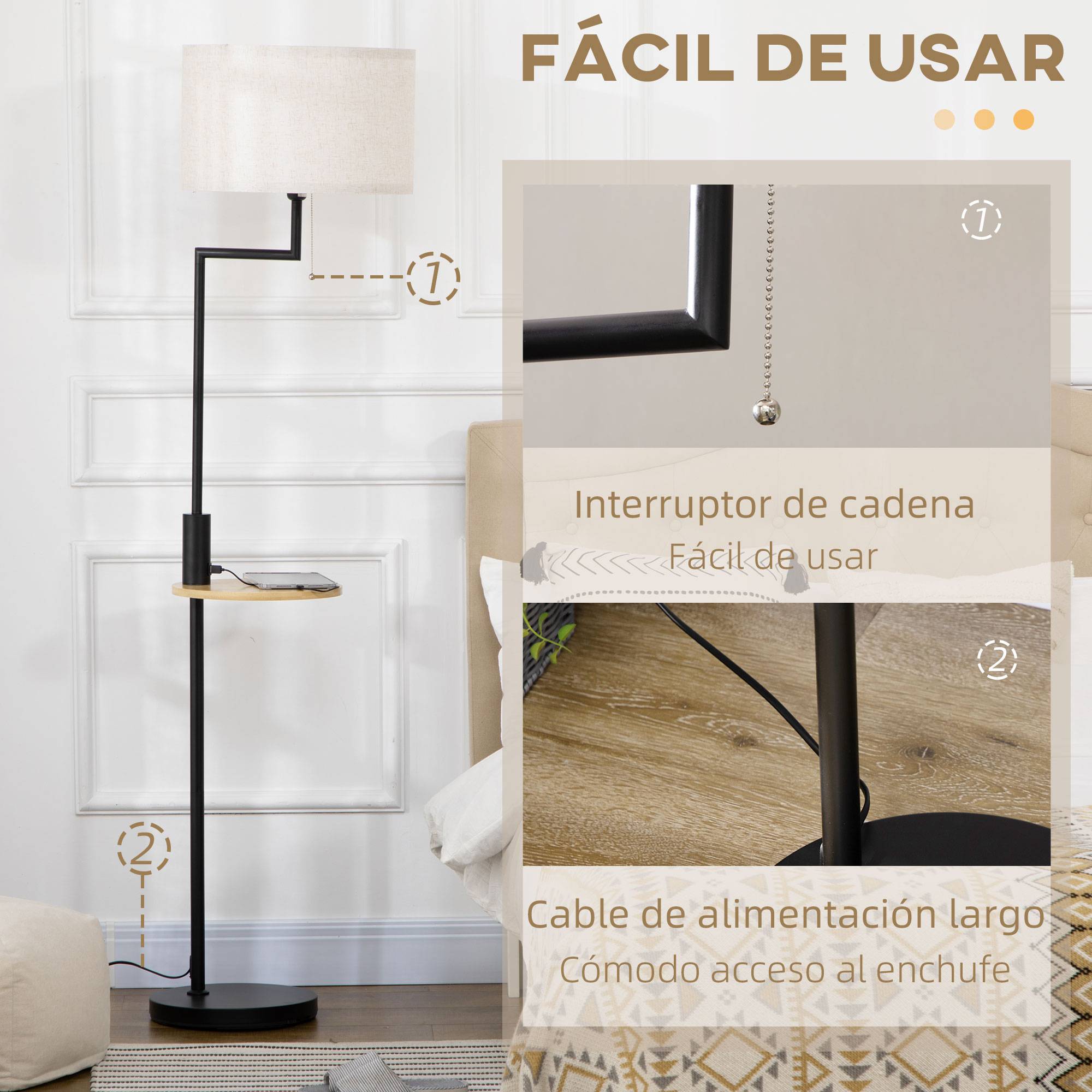 Lampadaire en bois naturel avec table d’appoint abat-jour lin USB et tirette Ø40 × 170 cm - Image 9