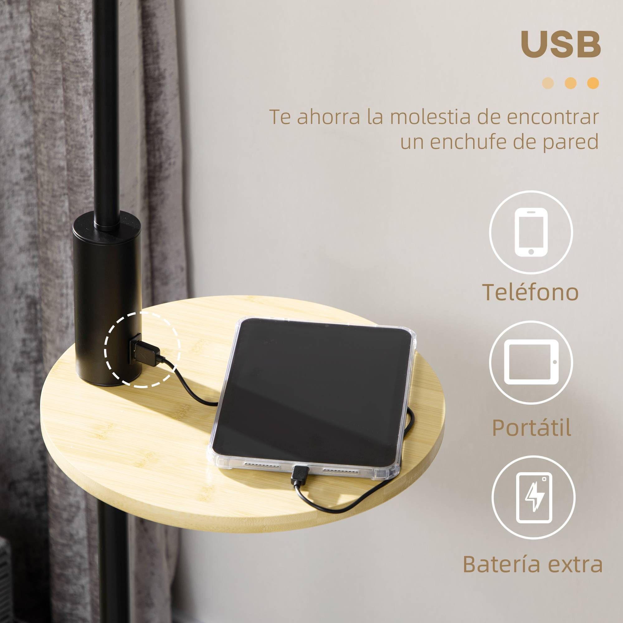 Lampadaire en bois naturel avec table d’appoint abat-jour lin USB et tirette Ø40 × 170 cm - Image 7