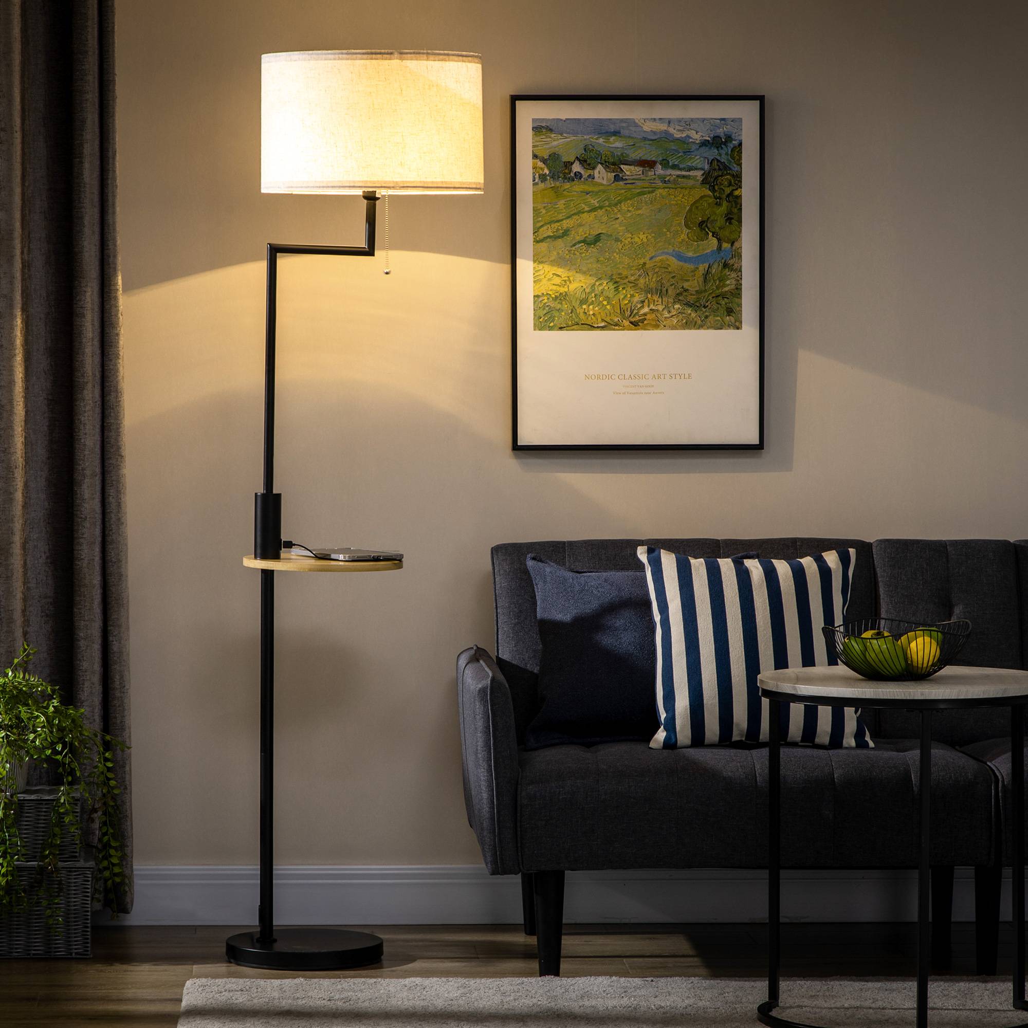 Lampadaire en bois naturel avec table d’appoint abat-jour lin USB et tirette Ø40 × 170 cm - Image 3
