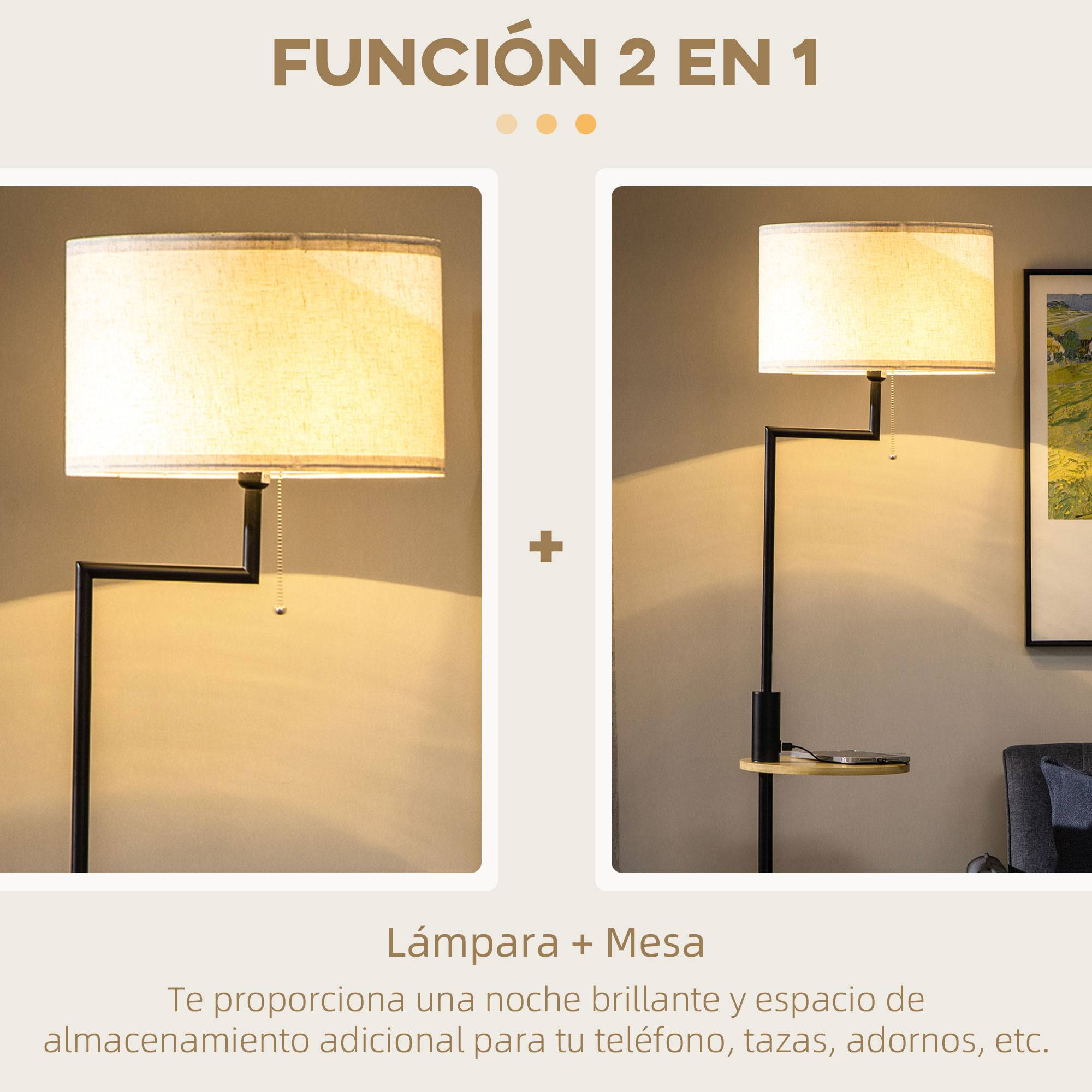 Lampadaire en bois naturel avec table d’appoint abat-jour lin USB et tirette Ø40 × 170 cm - Image 8