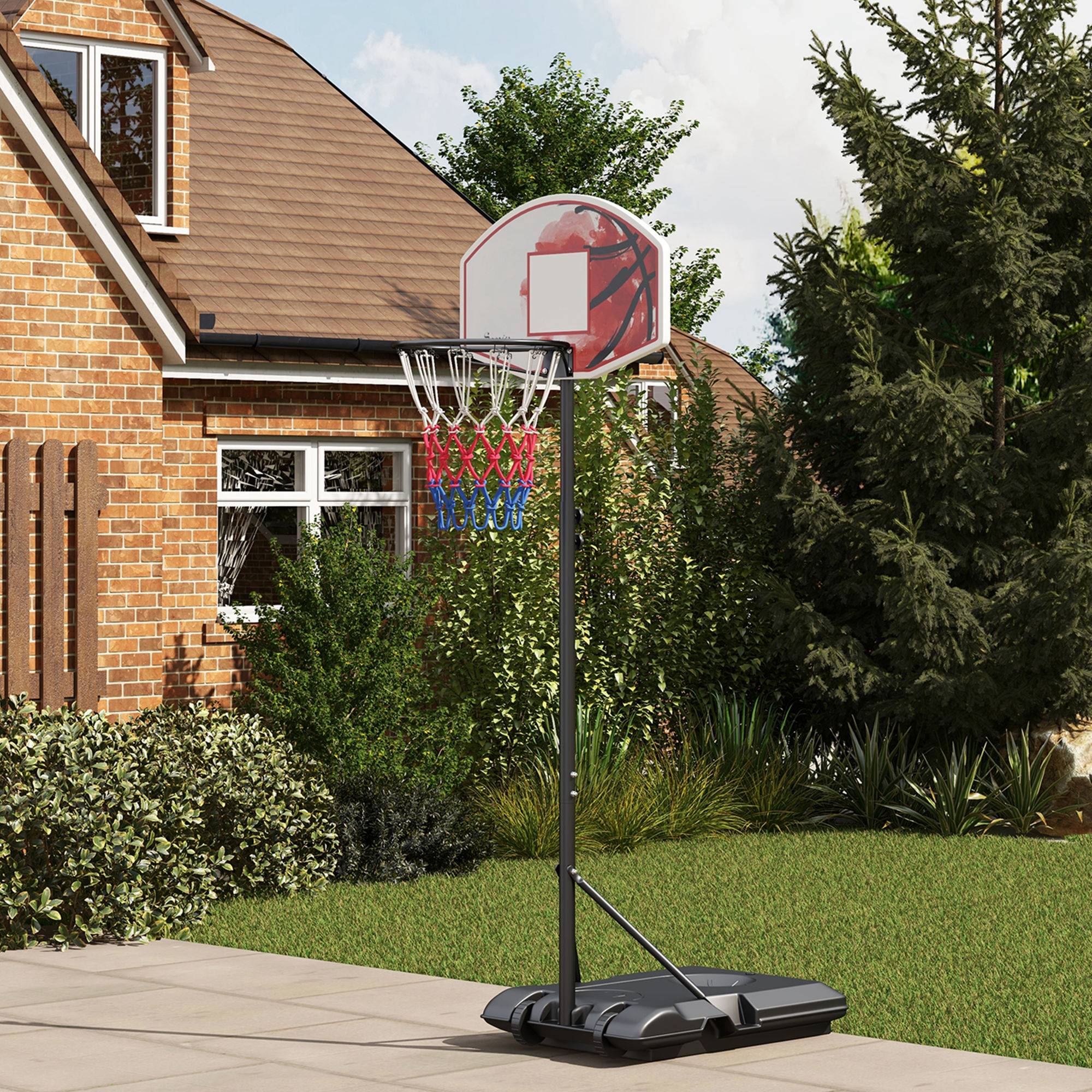 ComfortXL - Panier de basket sur pied acier 179-209 cm noir orange base lestable roulettes filet nylon extérieur - Image 1