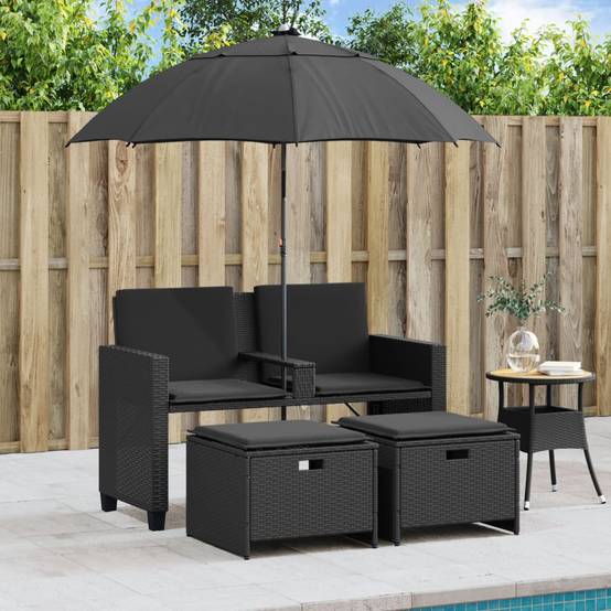 Salon de Jardin 2 Assises Poly Rotin avec Grand Parasol Intégré et Repose-Pieds – Noir – ComfortXL Outdoor Living - Image 3
