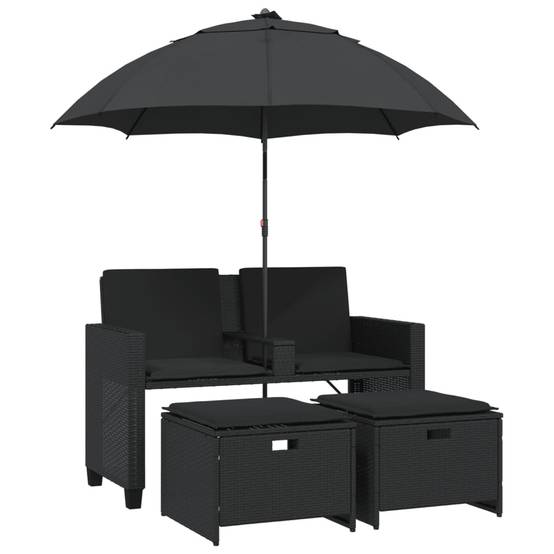 Salon de Jardin 2 Assises Poly Rotin avec Grand Parasol Intégré et Repose-Pieds – Noir – ComfortXL Outdoor Living - Image 2