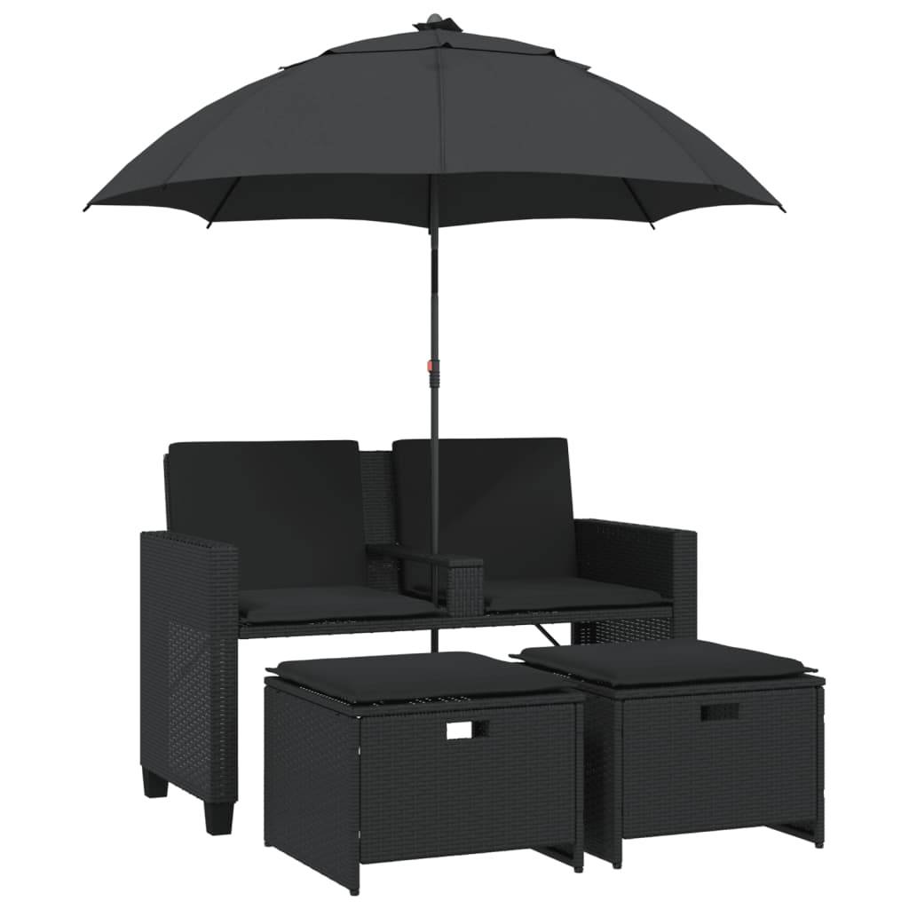 Salon de Jardin 2 Assises Poly Rotin avec Grand Parasol Intégré et Repose-Pieds – Noir – ComfortXL Outdoor Living - Image 2