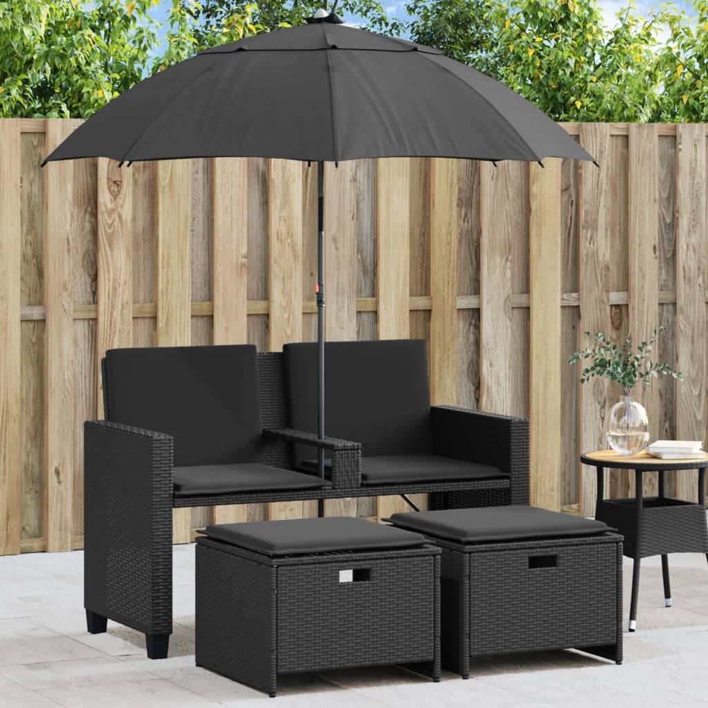 Salon de Jardin 2 Assises Poly Rotin avec Grand Parasol Intégré et Repose-Pieds – Noir – ComfortXL Outdoor Living - Image 1