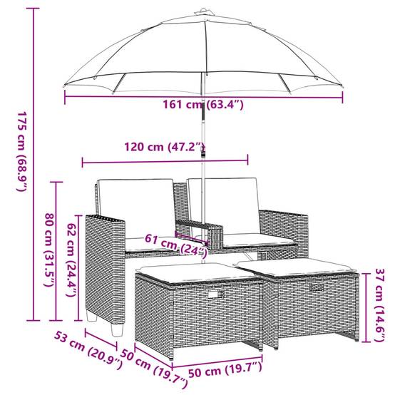 Salon de Jardin 2 Assises Poly Rotin avec Grand Parasol Intégré et Repose-Pieds – Noir – ComfortXL Outdoor Living - Image 7