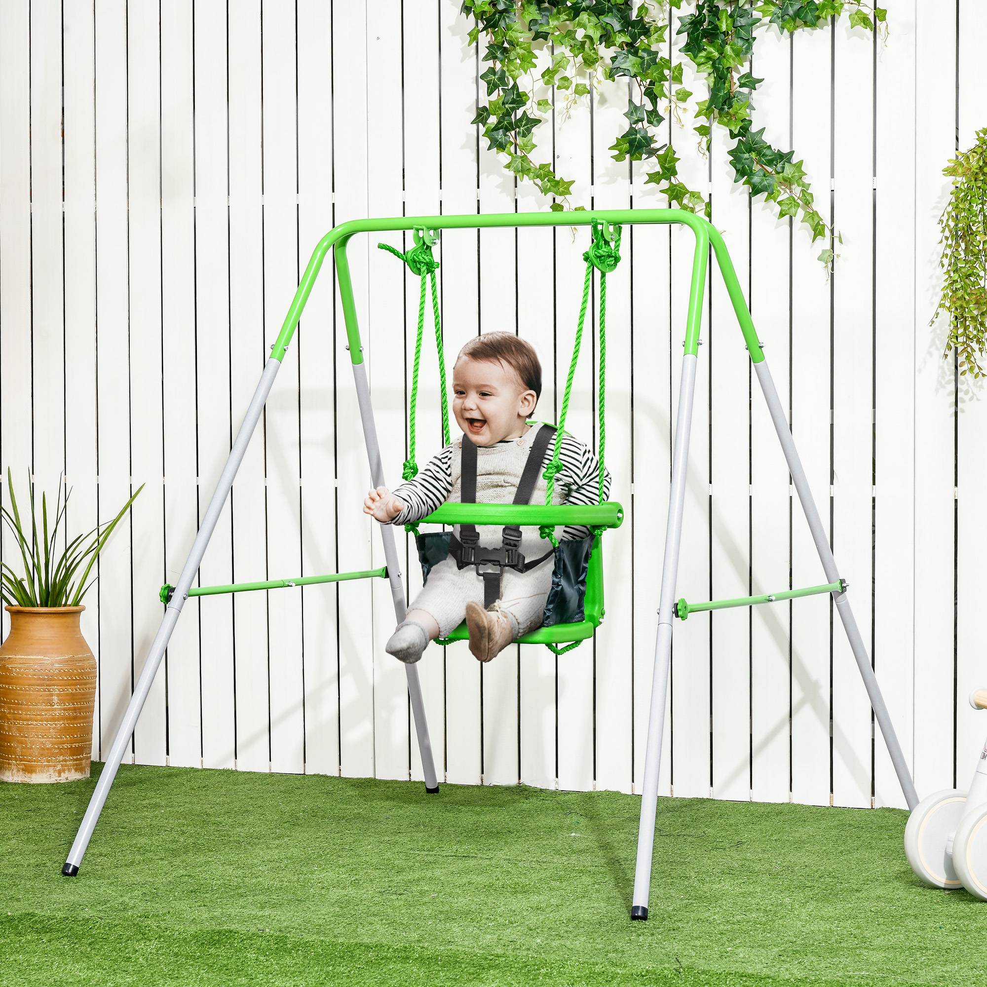 Balançoire de jardin et de salon pour enfants de 6 à 36 mois, en acier et PE, 122 x 146 x 122 cm, verte - Image 3