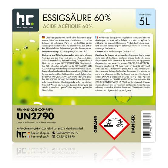 Acide Acétique 60% Höfer Chemie® en bidon de 5 L x 4 - Image 4