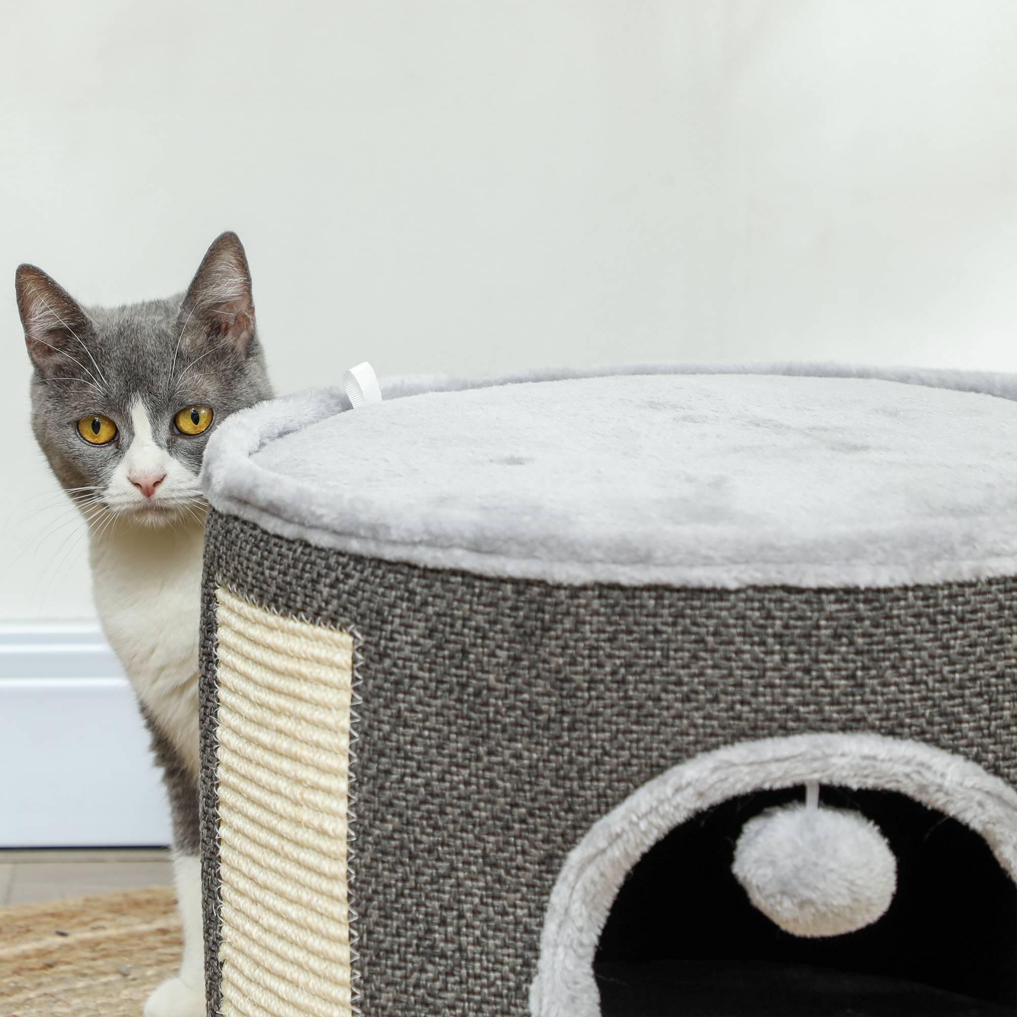 Niche à chat 2 niveaux en feutrine avec coussins et griffoir sisal 40x30cm gris - ComfortXL Outdoor Living - Image 9