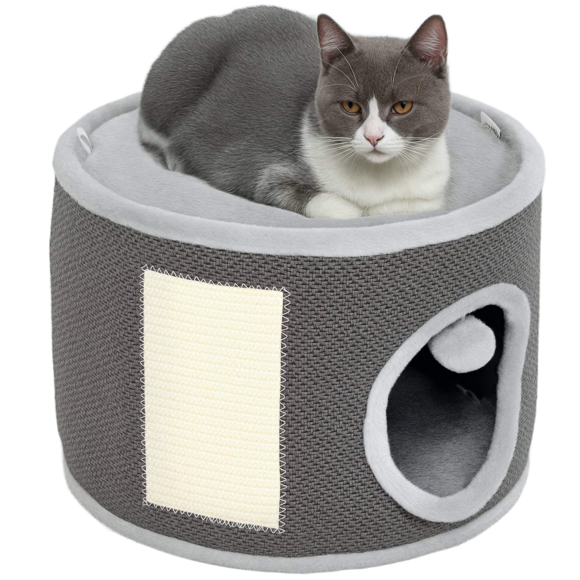 Niche à chat 2 niveaux en feutrine avec coussins et griffoir sisal 40x30cm gris - ComfortXL Outdoor Living - Image 1
