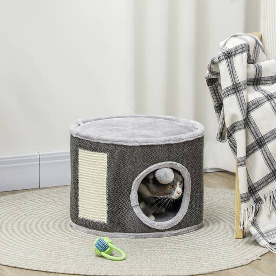 Niche à chat 2 niveaux en feutrine avec coussins et griffoir sisal 40x30cm gris - ComfortXL Outdoor Living - Image 4