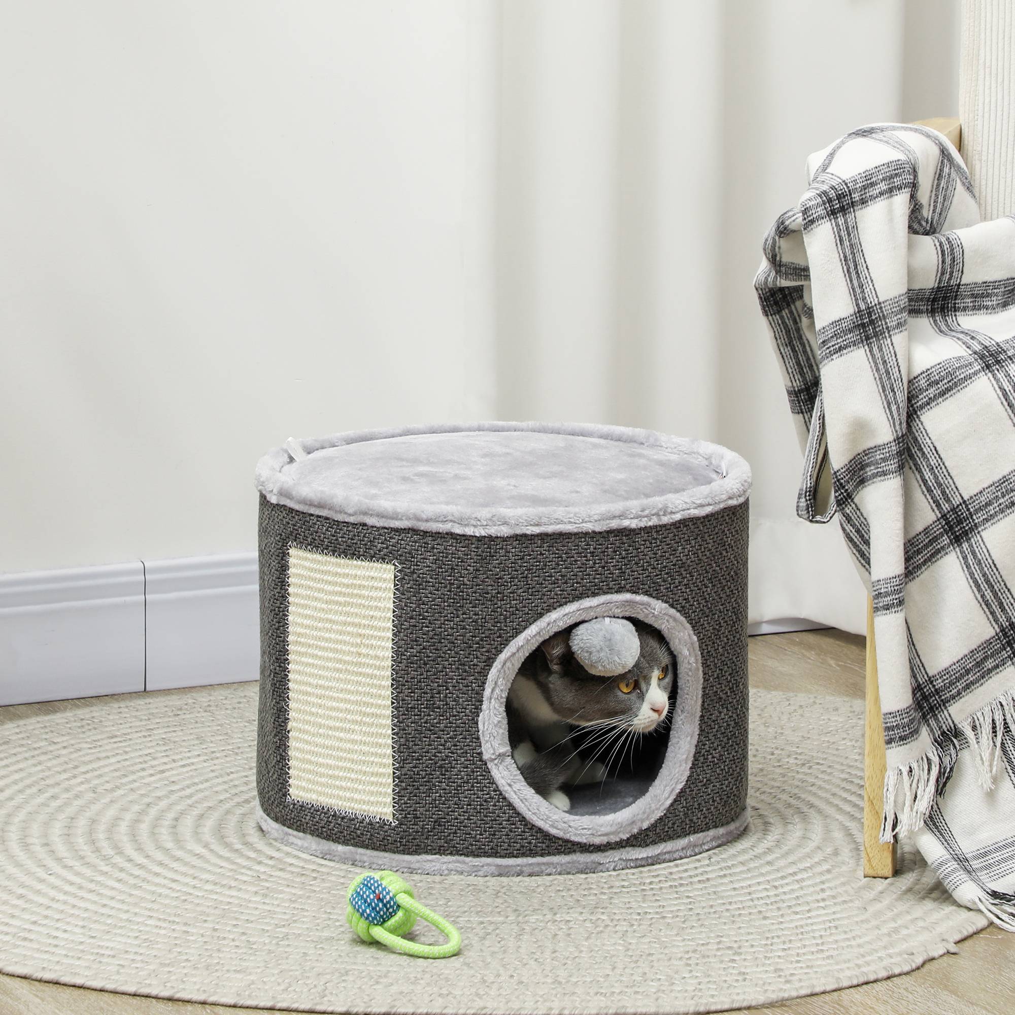Niche à chat 2 niveaux en feutrine avec coussins et griffoir sisal 40x30cm gris - ComfortXL Outdoor Living - Image 4