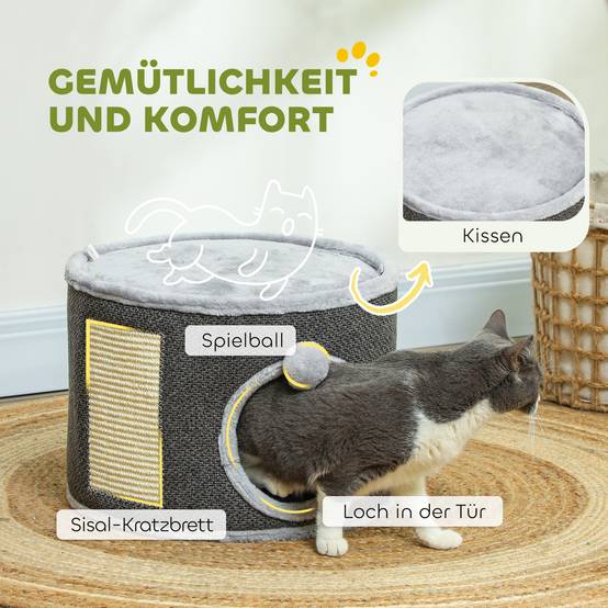 Niche à chat 2 niveaux en feutrine avec coussins et griffoir sisal 40x30cm gris - ComfortXL Outdoor Living - Image 8