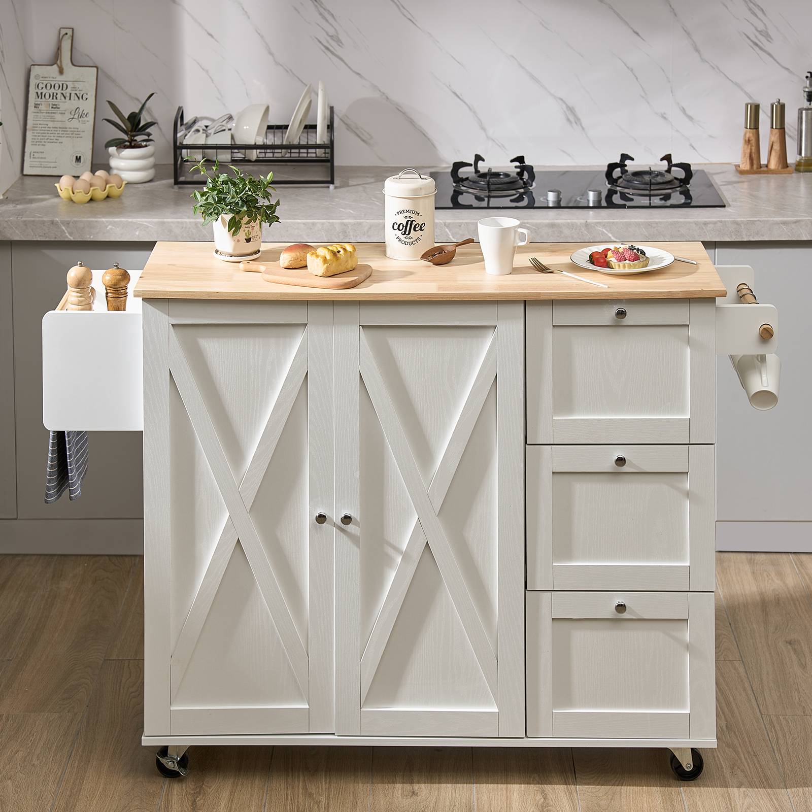 Vevor - VEVOR Îlot central 115x39 cm, roulettes, armoire, 3 tiroirs, abattant. Porte-épices, cuisine. - Image 8