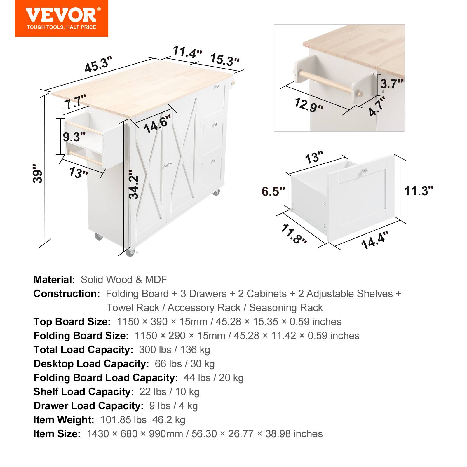 Vevor - VEVOR Îlot central 115x39 cm, roulettes, armoire, 3 tiroirs, abattant. Porte-épices, cuisine. - Image 7