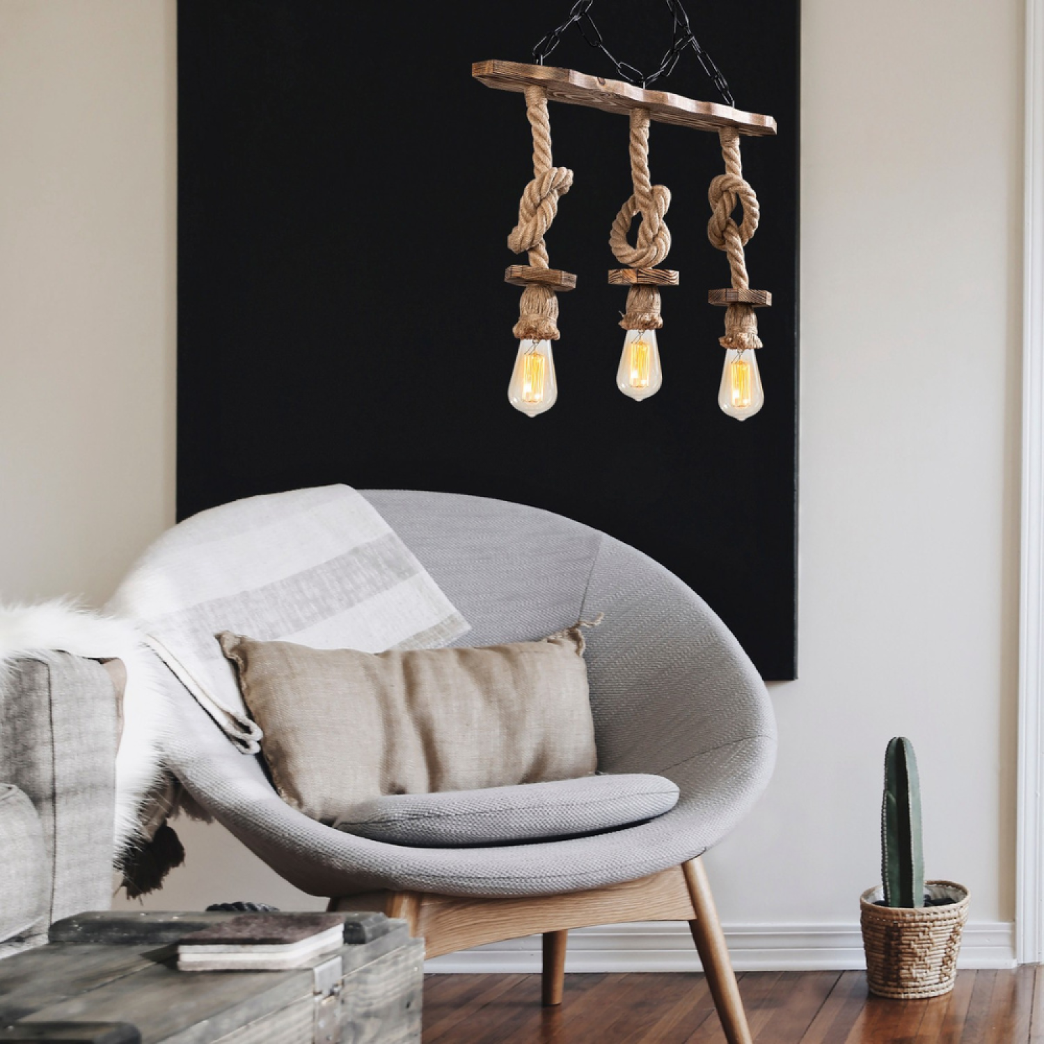 Concept Usine - Suspension rustique filaire 3 lampes cordes et bois ZYA - Image 2