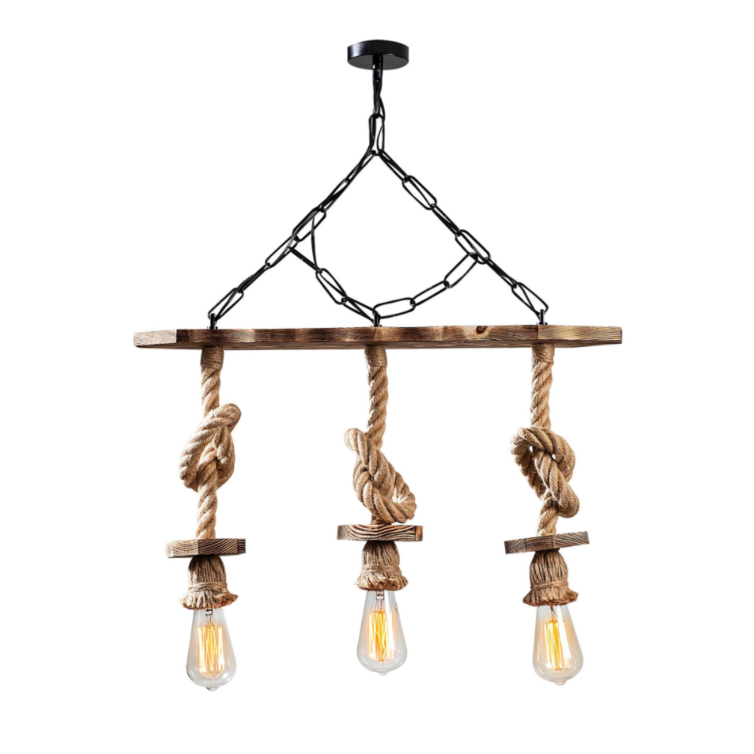 Concept Usine - Suspension rustique filaire 3 lampes cordes et bois ZYA