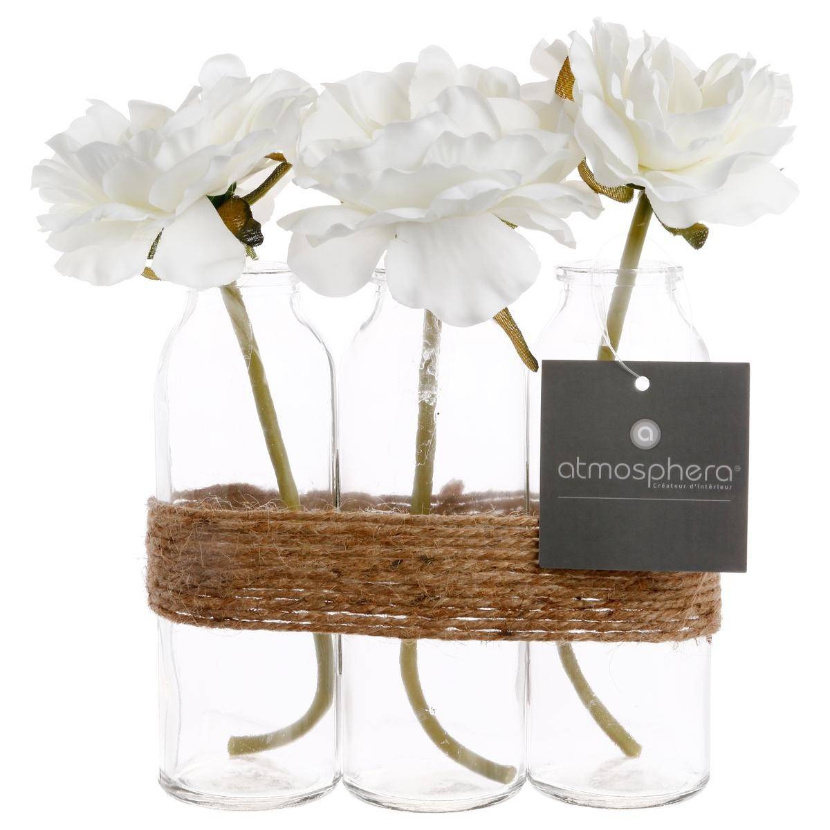 Composition artificielle de 3 Roses Blanches dans 3 Vases en verre liés par une corde - Image 3