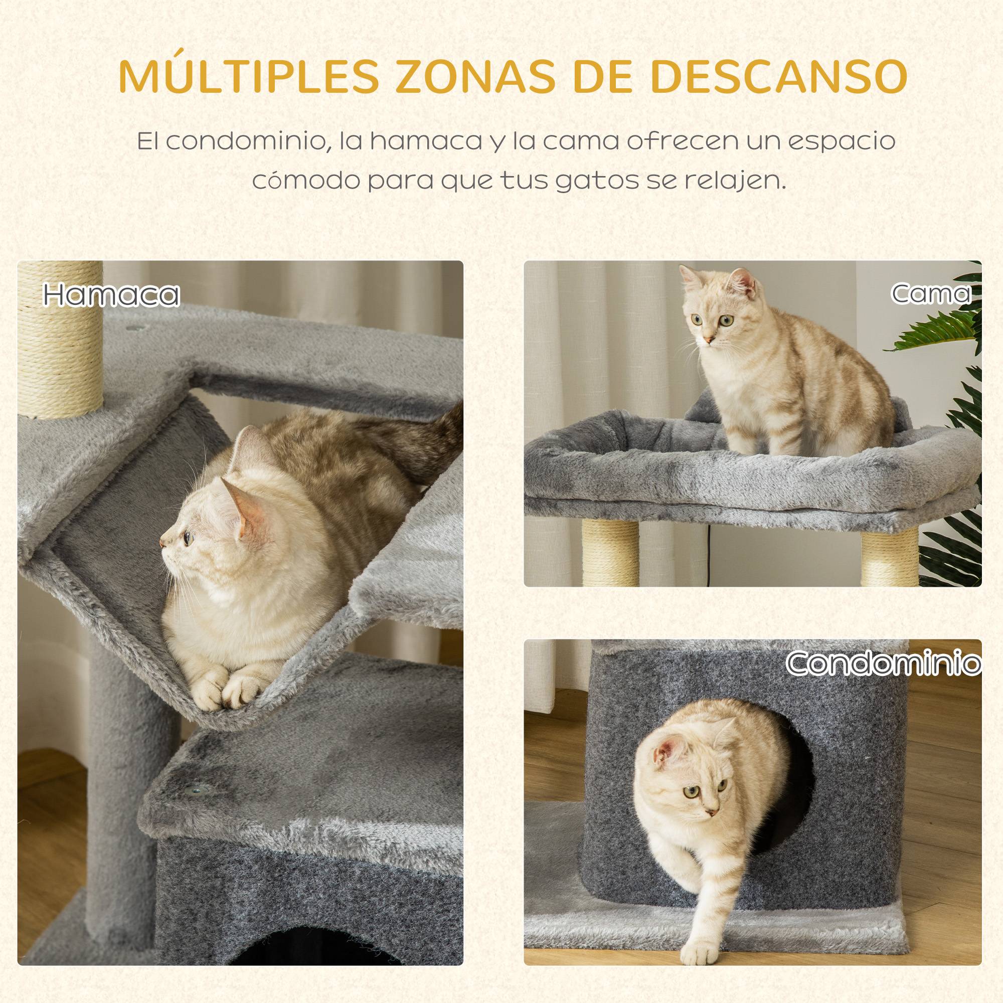 Arbre à Chat 90 cm avec Niche Hamac et Poteaux Griffoirs en Sisal Gris - ComfortXL Outdoor Living - Image 8