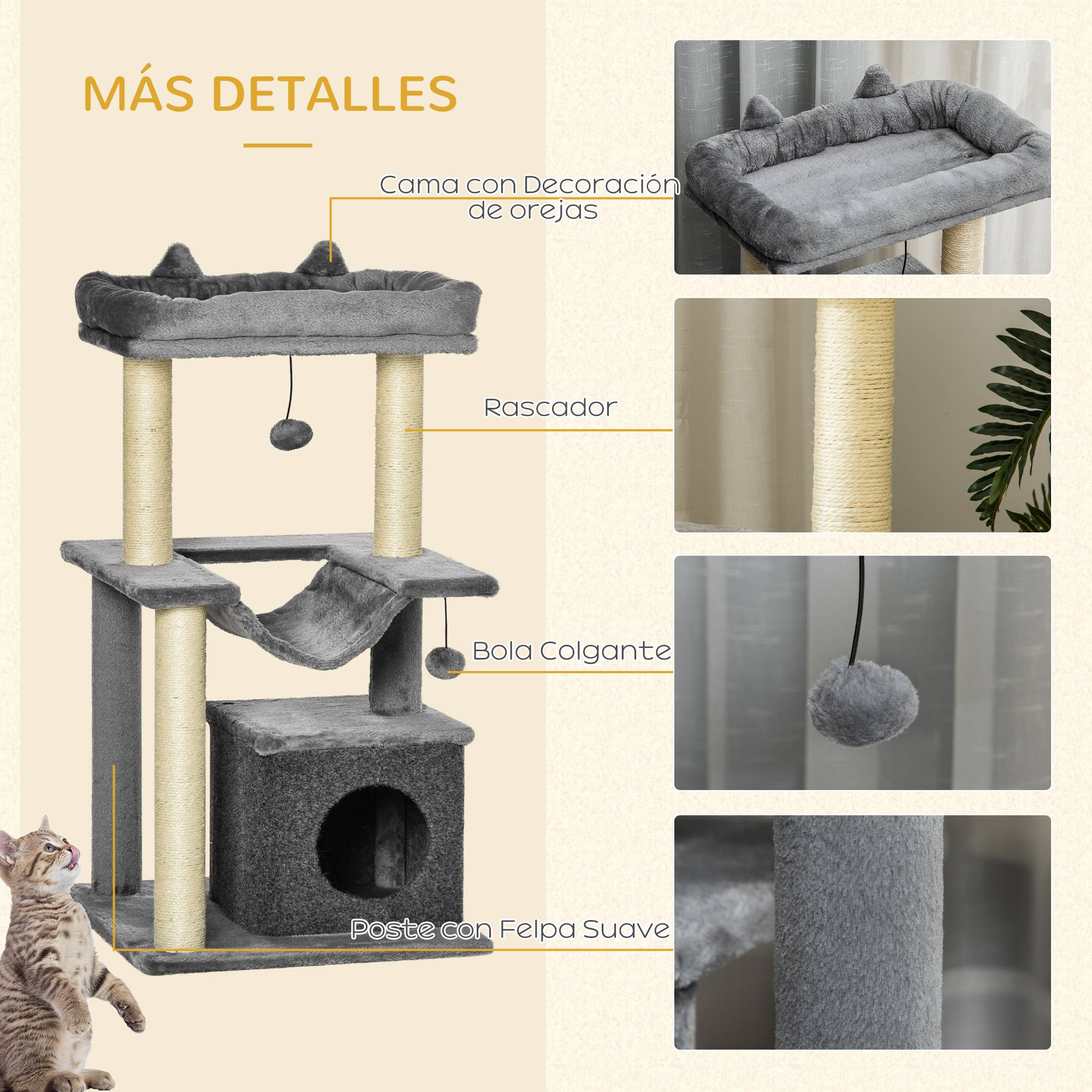 Arbre à Chat 90 cm avec Niche Hamac et Poteaux Griffoirs en Sisal Gris - ComfortXL Outdoor Living - Image 9