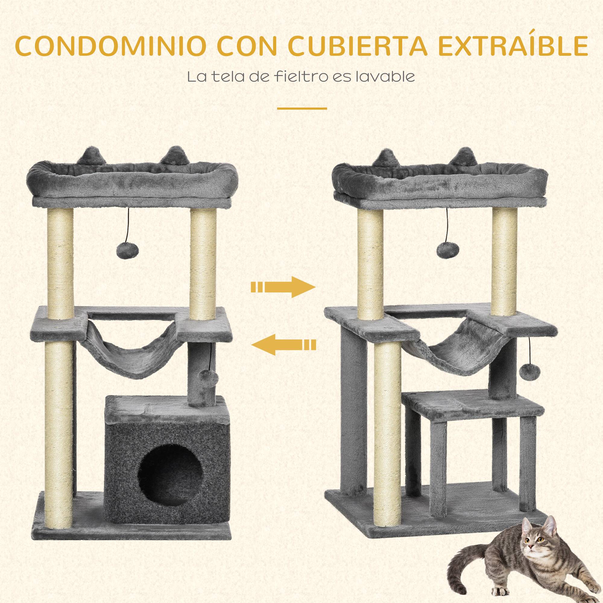 Arbre à Chat 90 cm avec Niche Hamac et Poteaux Griffoirs en Sisal Gris - ComfortXL Outdoor Living - Image 6
