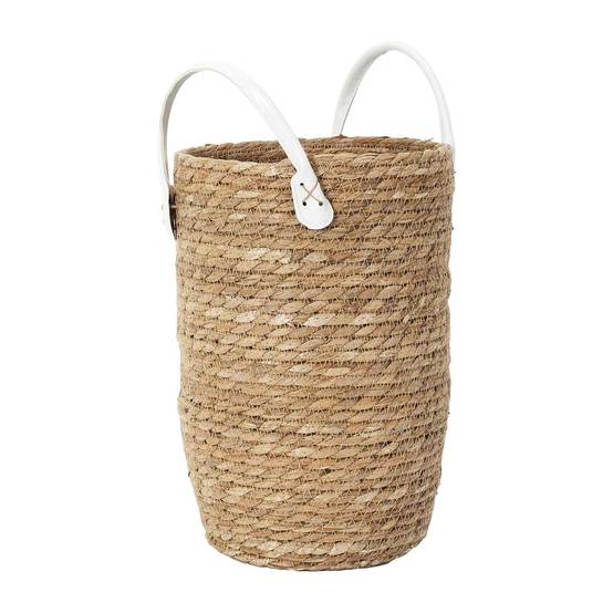 Lot de 3 Paniers Tressés Coloris Naturel avec Anses en Simili Cuir Blanc - LORINE - Image 6
