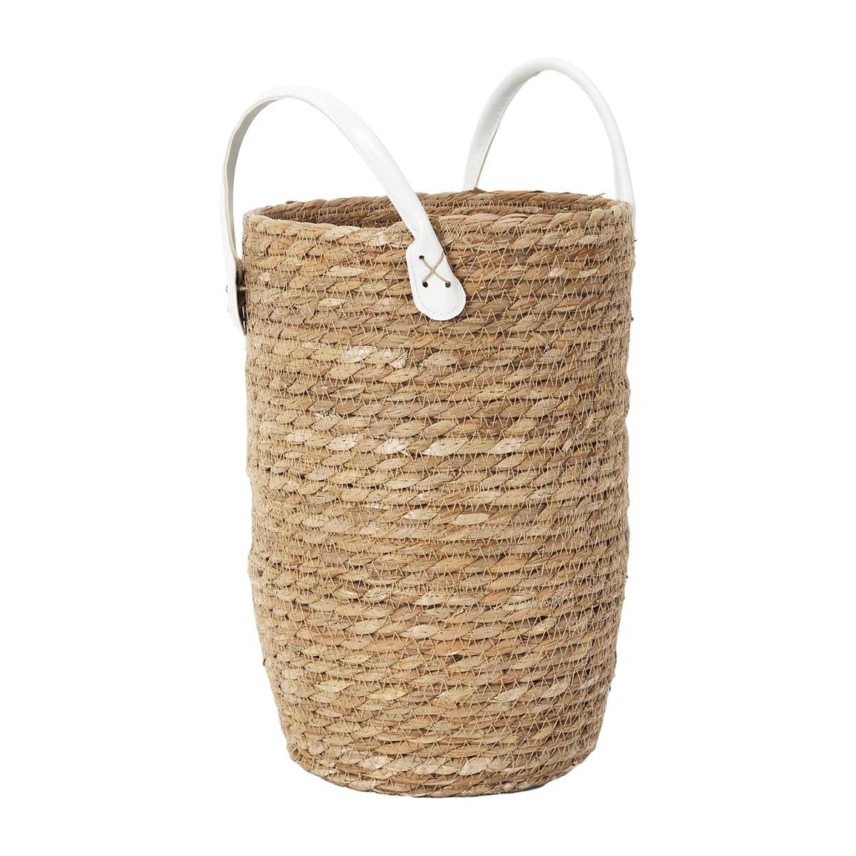 Lot de 3 Paniers Tressés Coloris Naturel avec Anses en Simili Cuir Blanc - LORINE - Image 6
