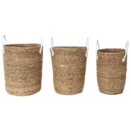 Lot de 3 Paniers Tressés Coloris Naturel avec Anses en Simili Cuir Blanc - LORINE - Image 1