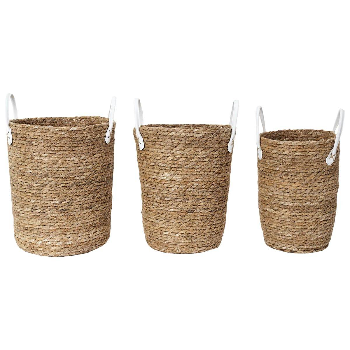 Lot de 3 Paniers Tressés Coloris Naturel avec Anses en Simili Cuir Blanc - LORINE - Image 1